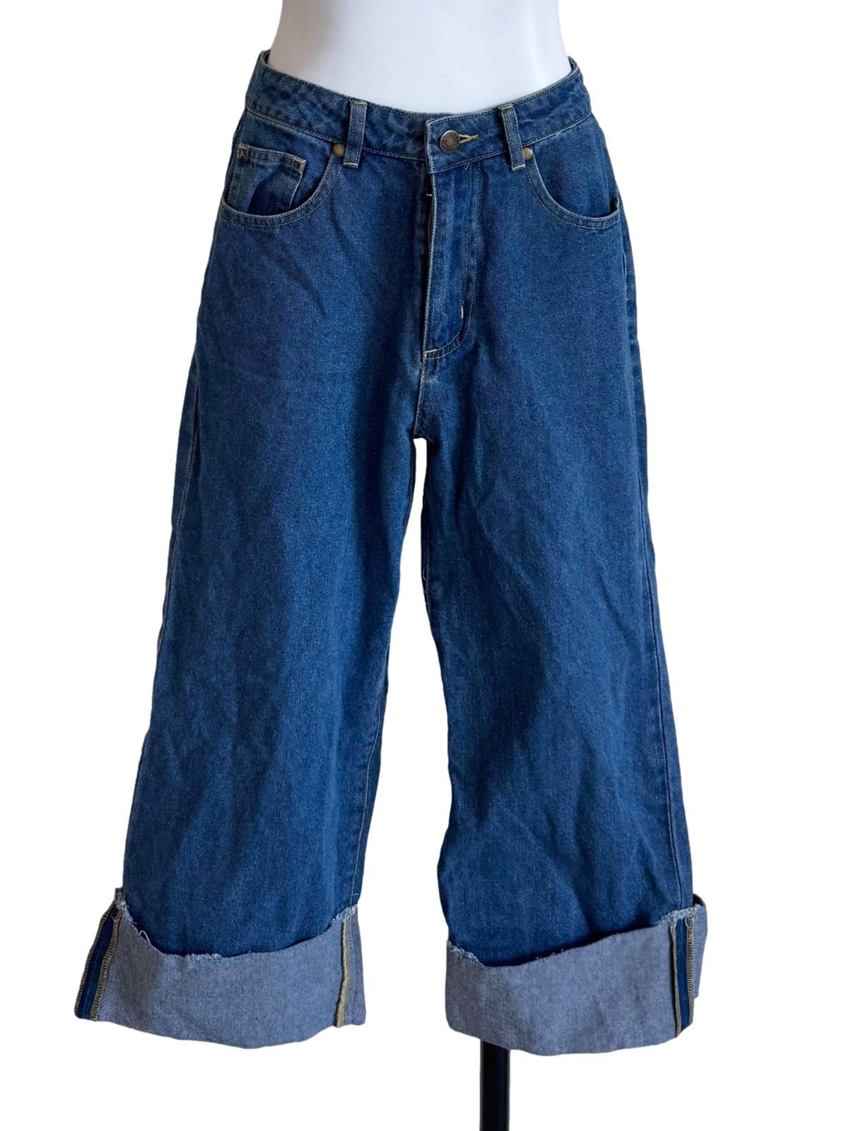 Blue Denim Folded Hem Cropped Jeans