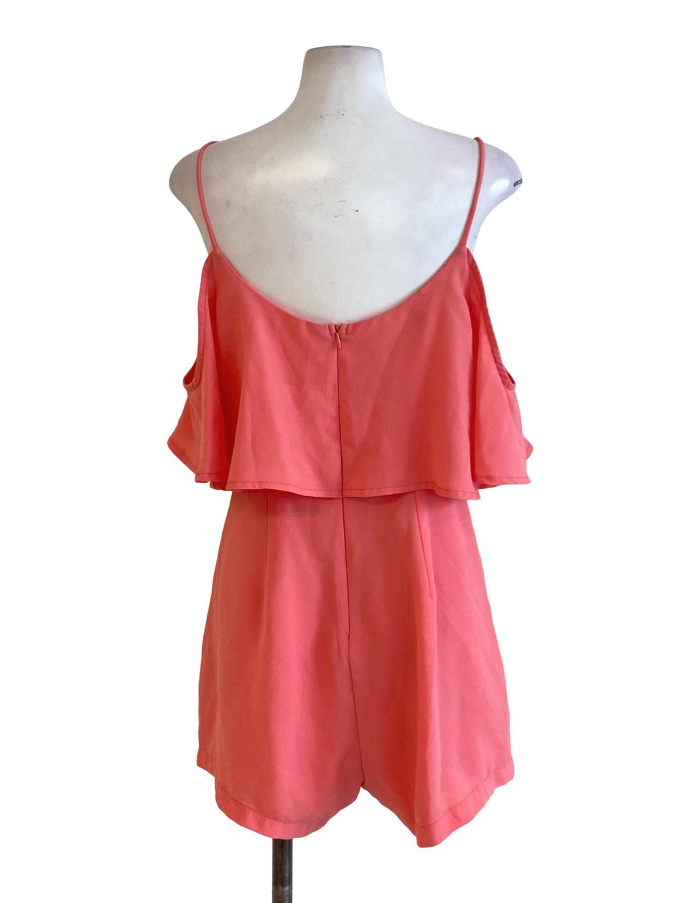 Neon Coral Pink Round Neck Spaghetti Strap Cape Romper