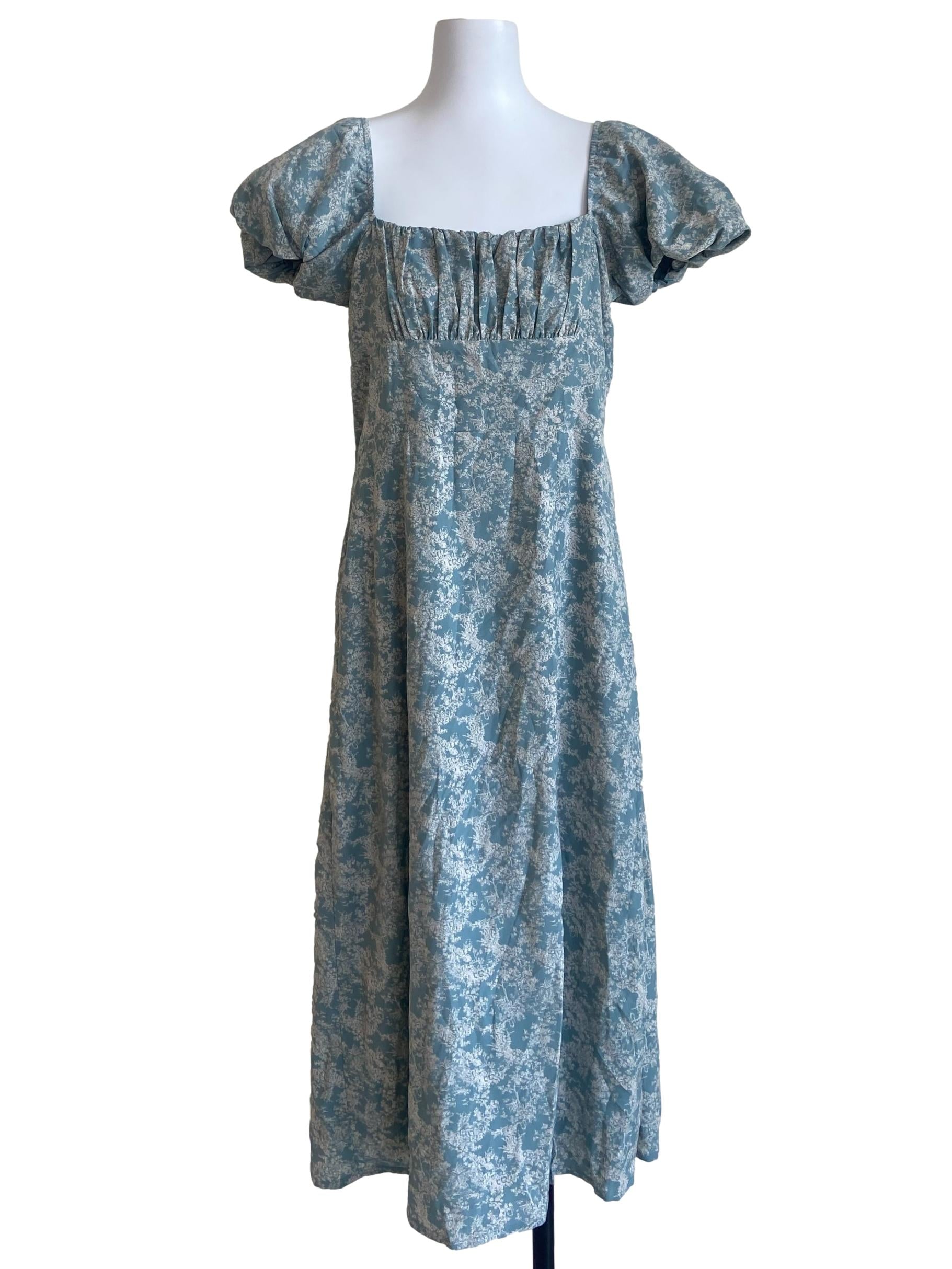 Teal Blue Floral Square Neck Slit Dress