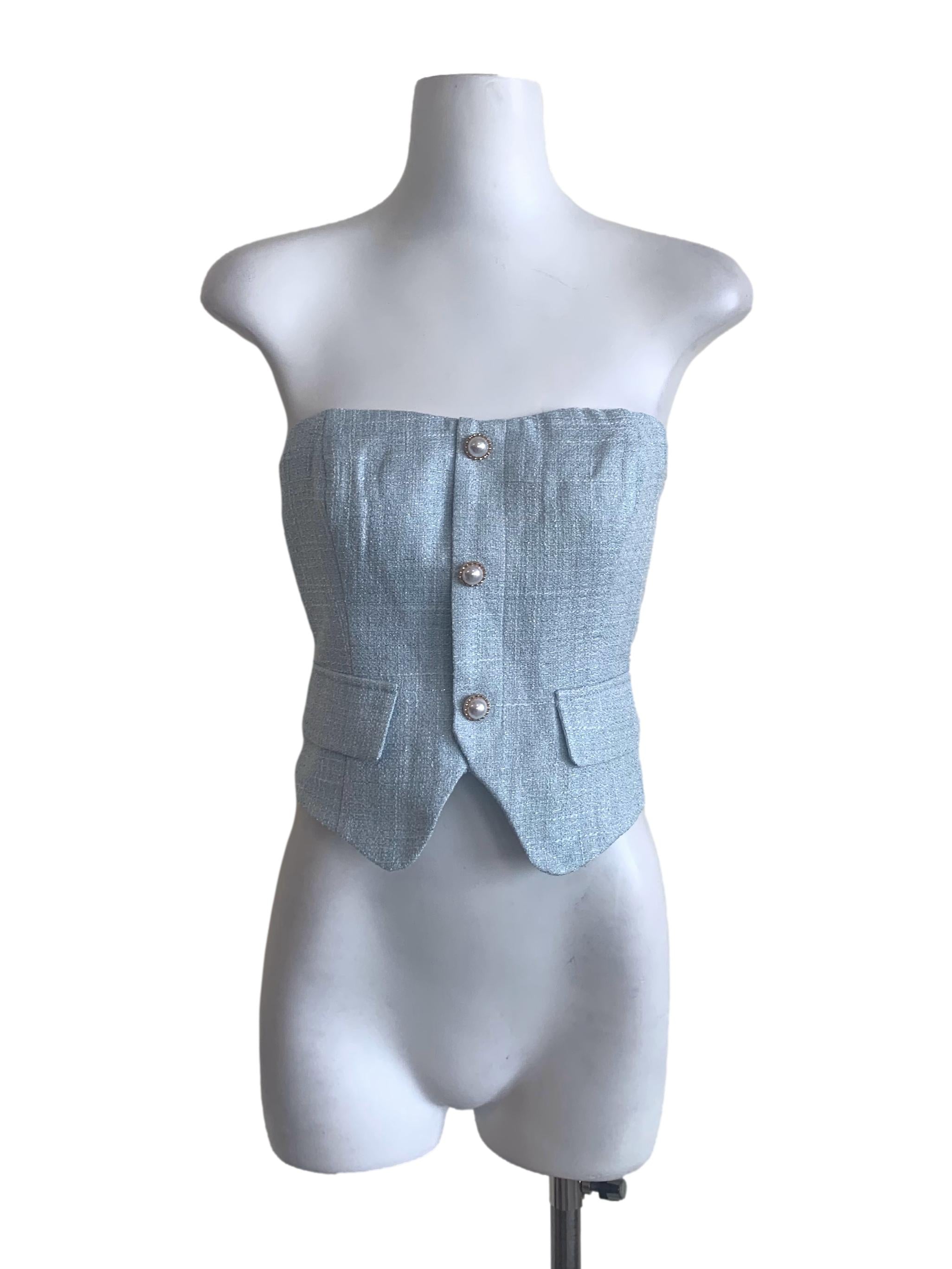 Sky Blue Tweed Strapless Top