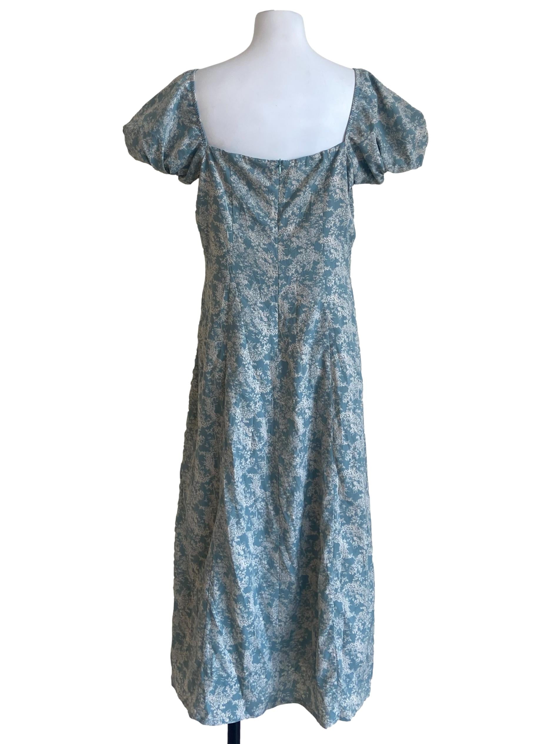 Teal Blue Floral Square Neck Slit Dress