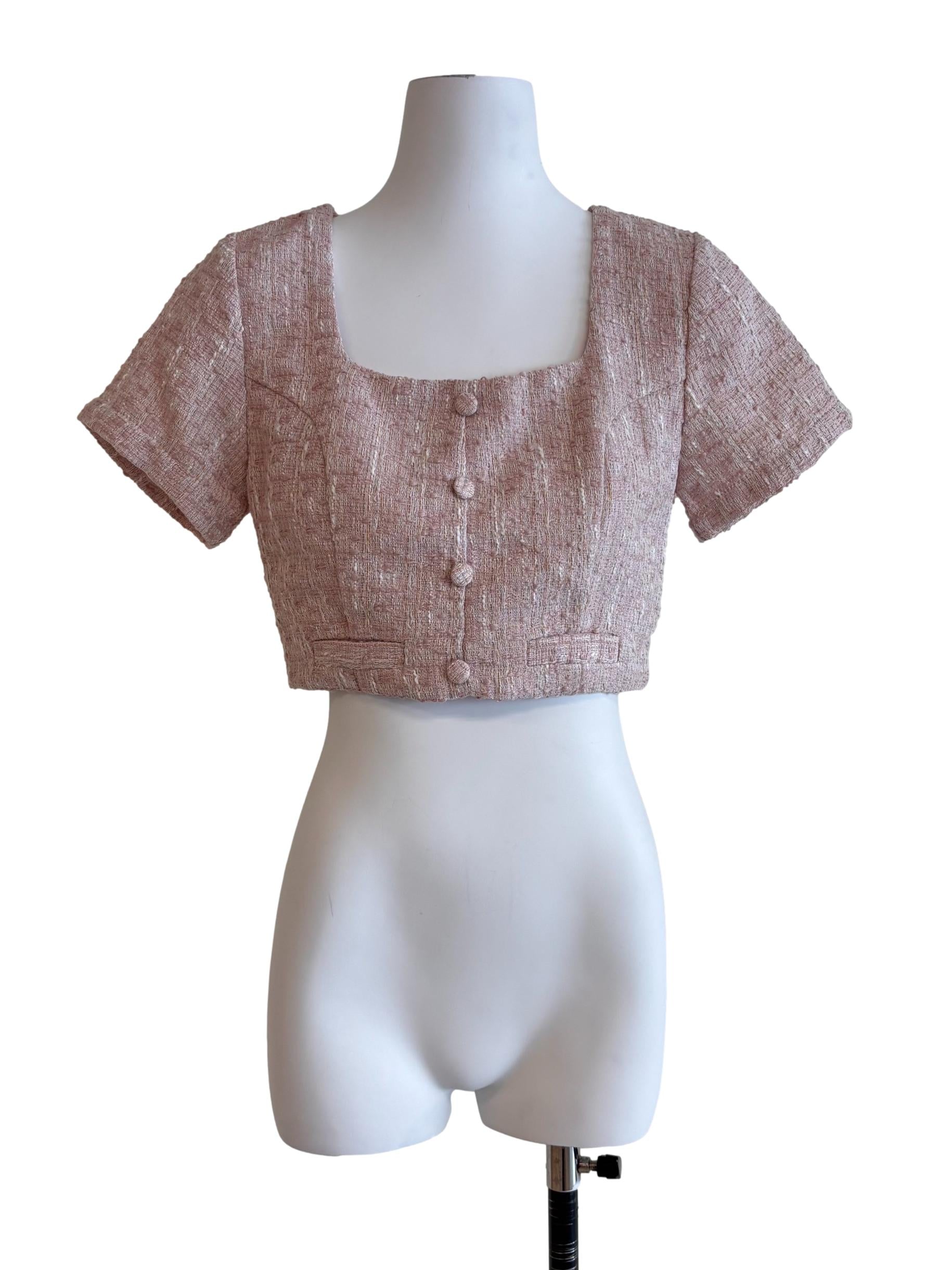 Pink Tweed Pattern Crop Top