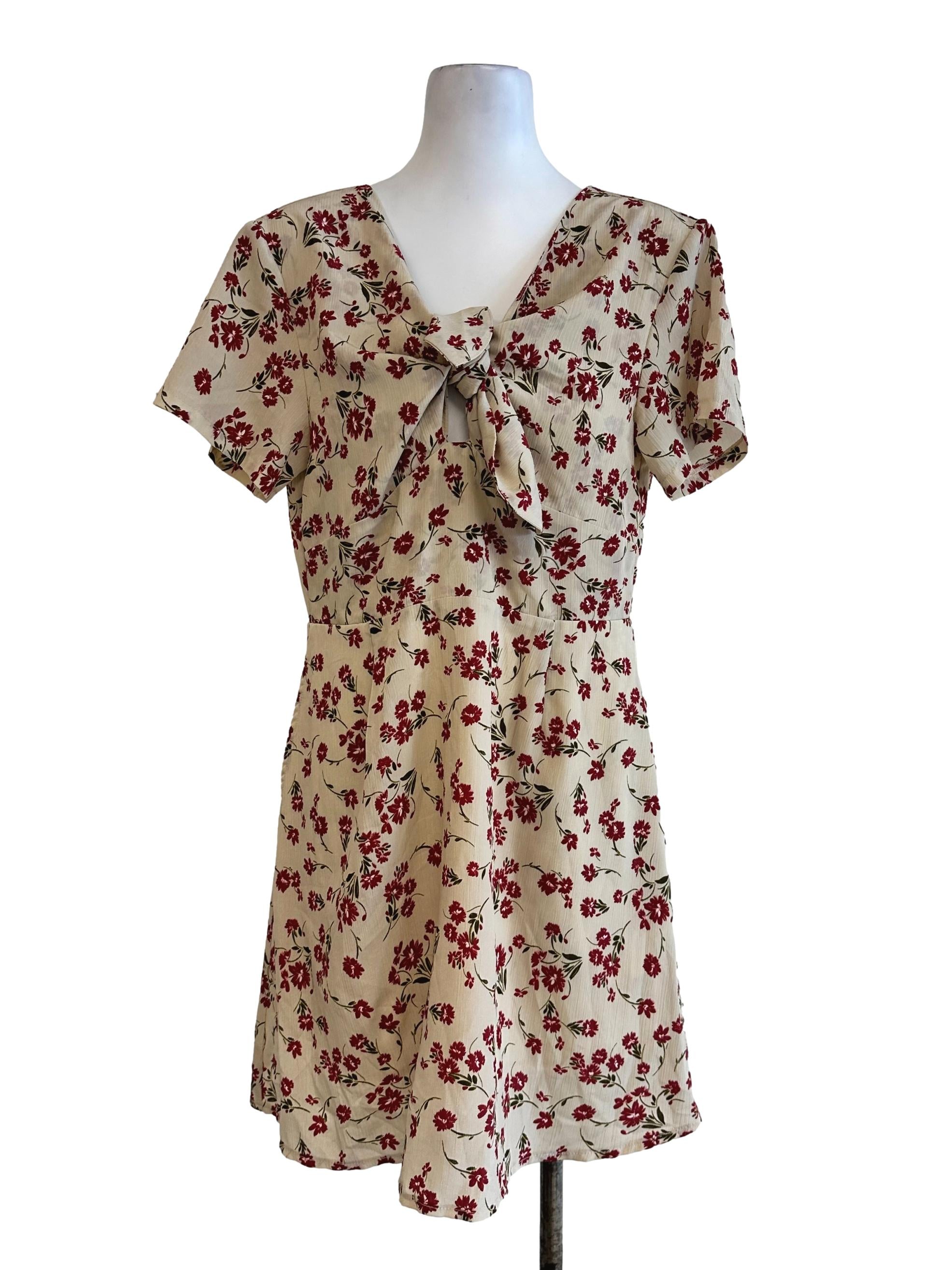Beige Flower Pattern Mini Dress