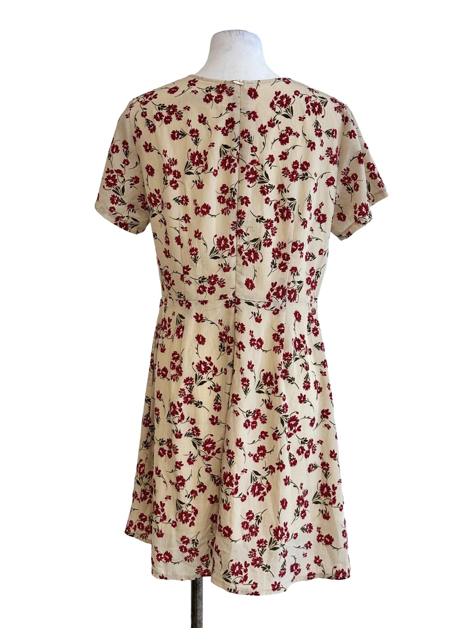 Beige Flower Pattern Mini Dress