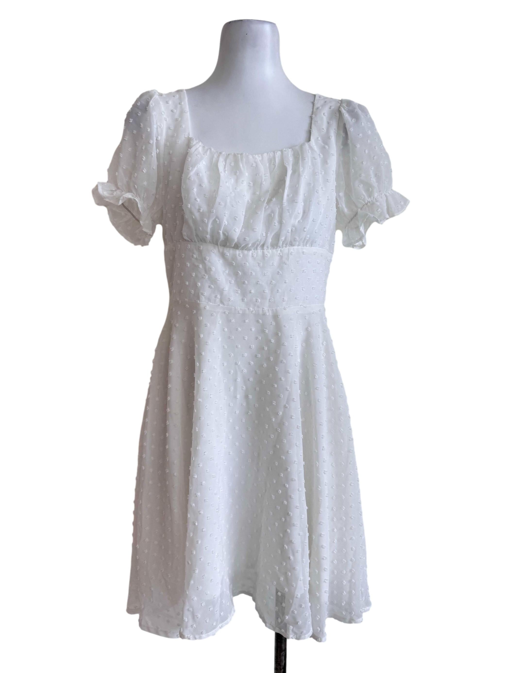 White Puff-Sleeve Swiss Dot Dress