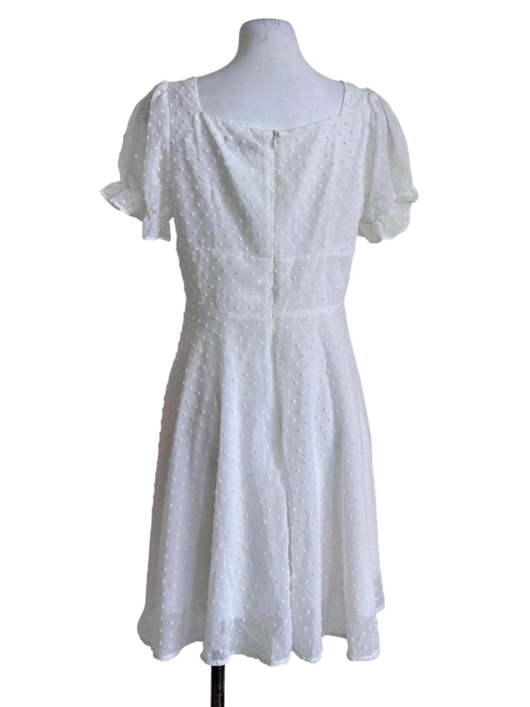 White Puff-Sleeve Swiss Dot Dress