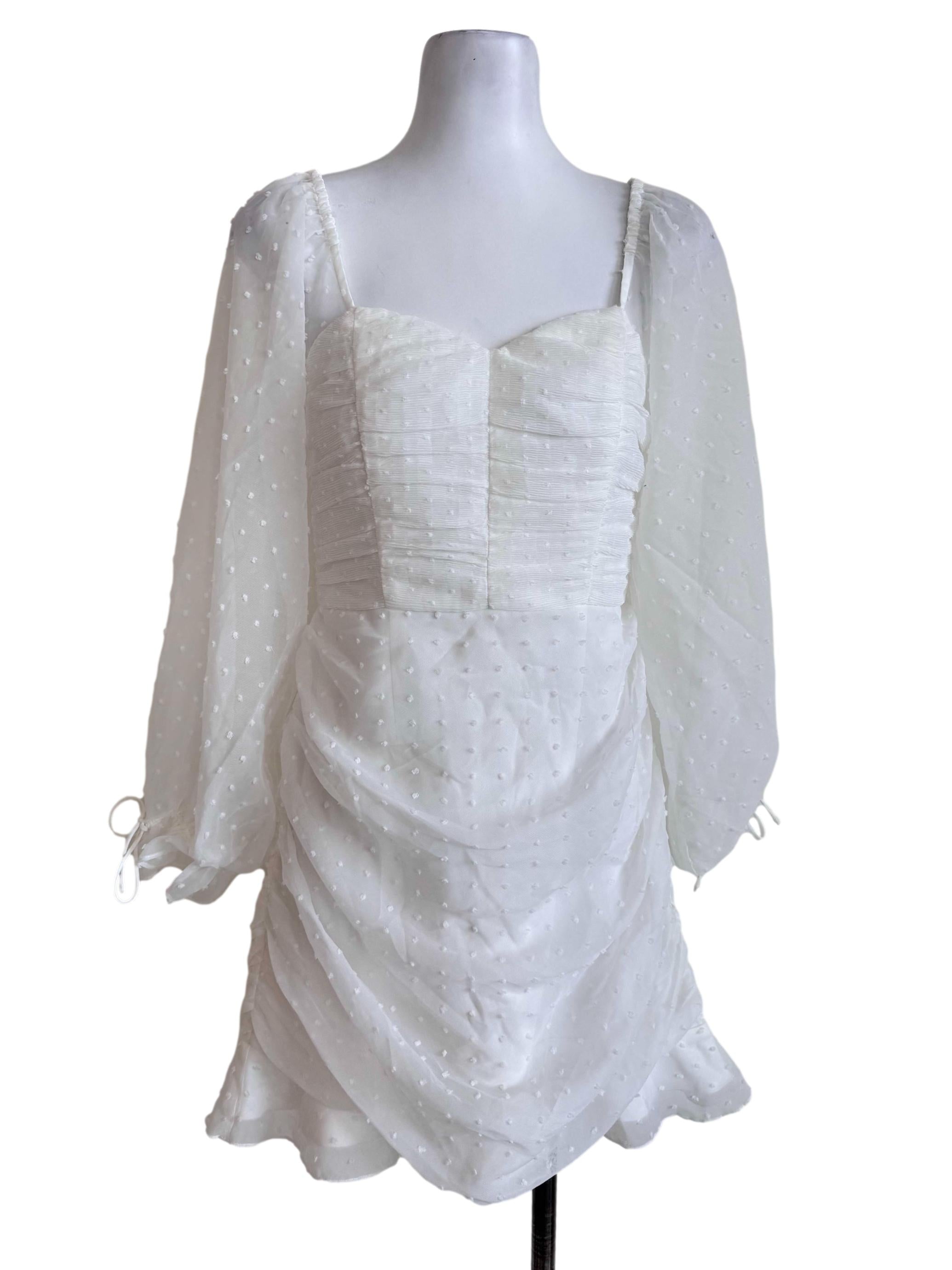 White Sheer Sleeve Ruched Mini Dress
