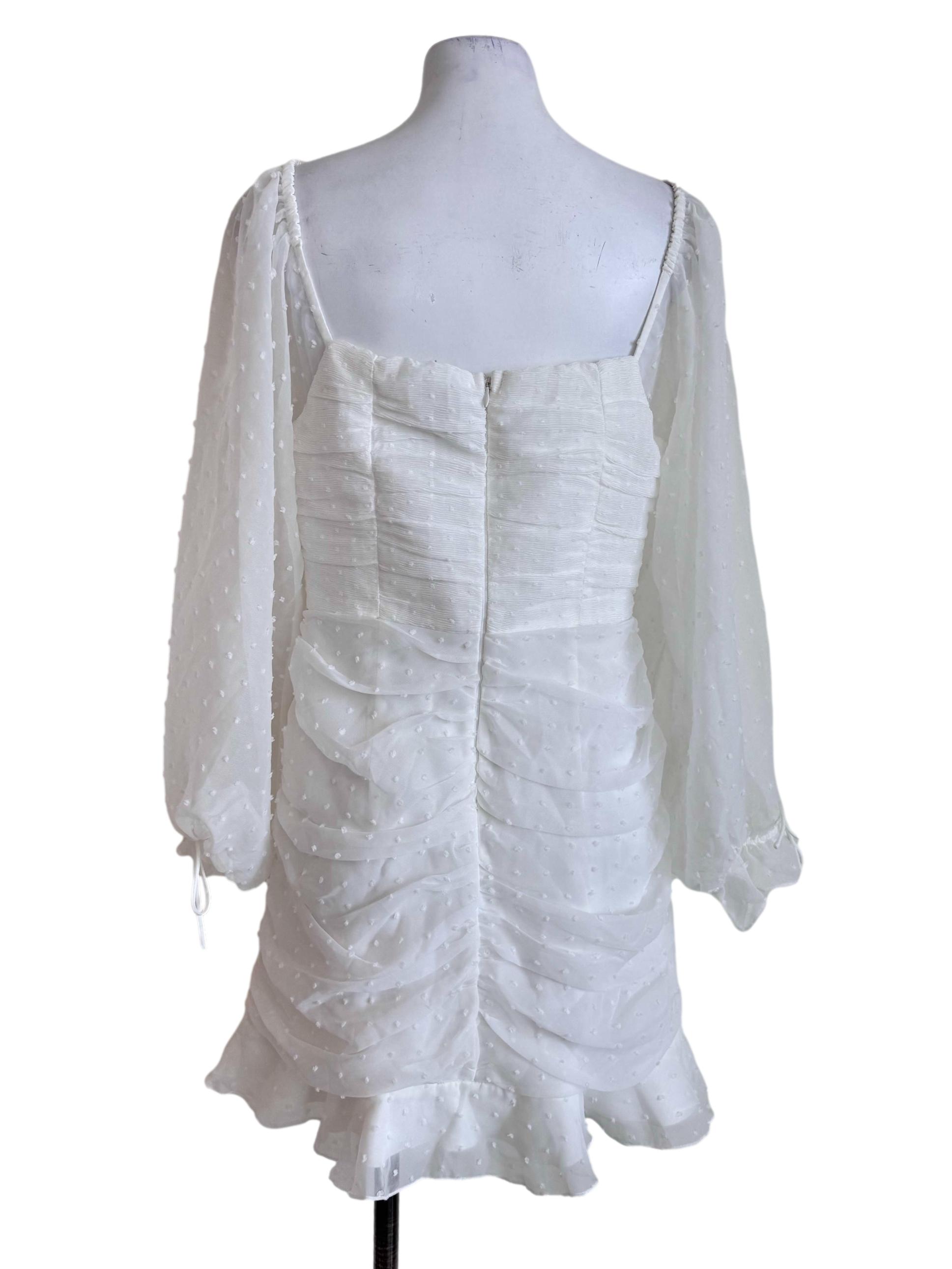 White Sheer Sleeve Ruched Mini Dress