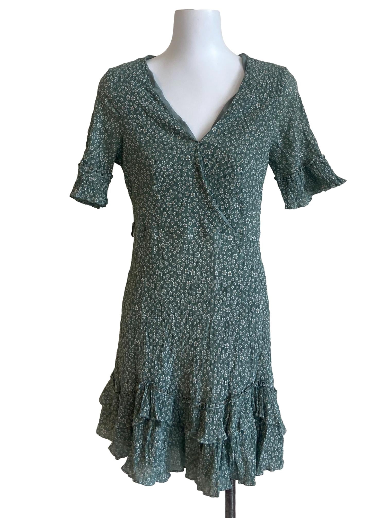 Green Floral V Neck Ruffled Dress