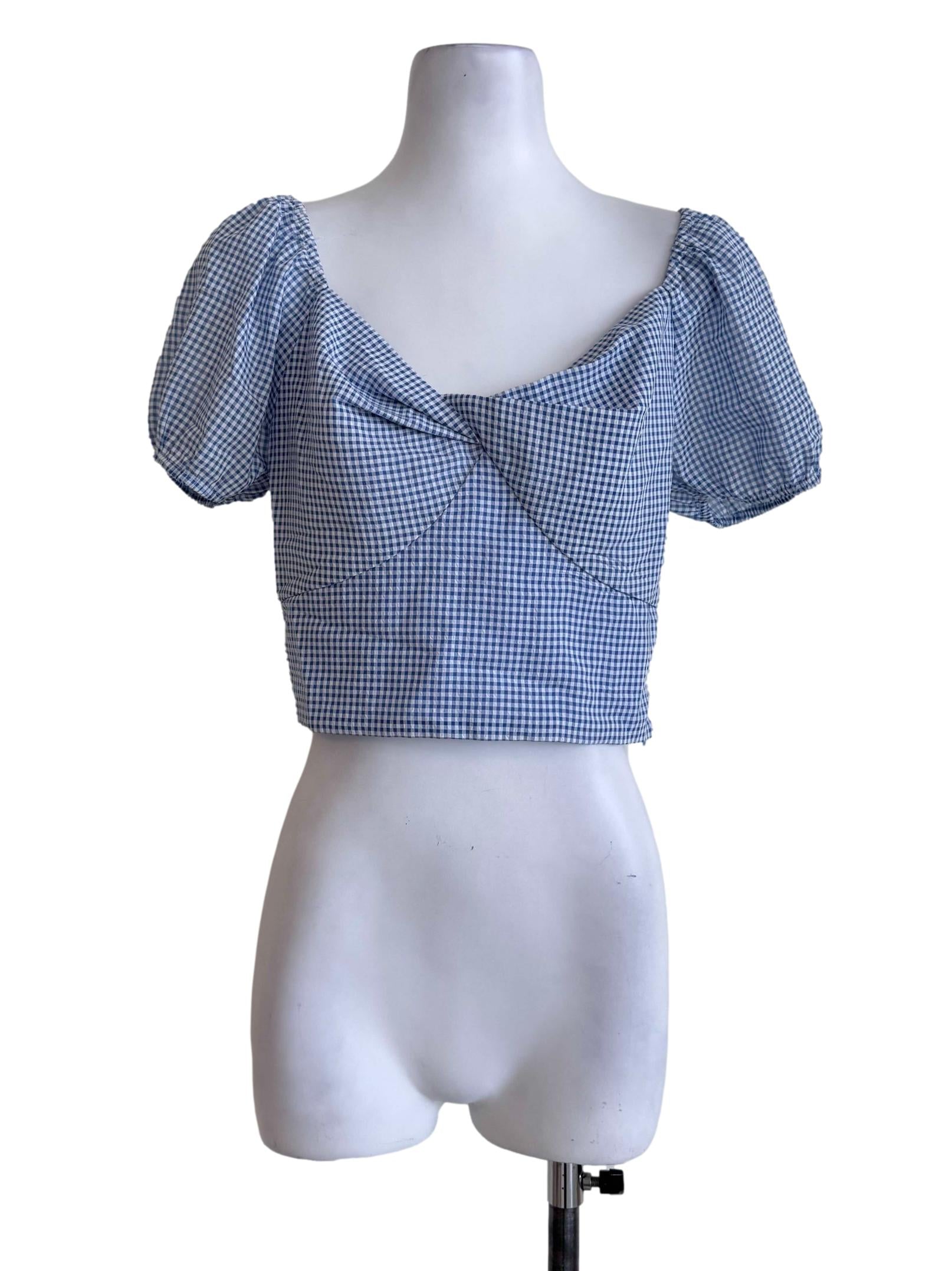 Blue Gingham Puff-Sleeve Crop Top