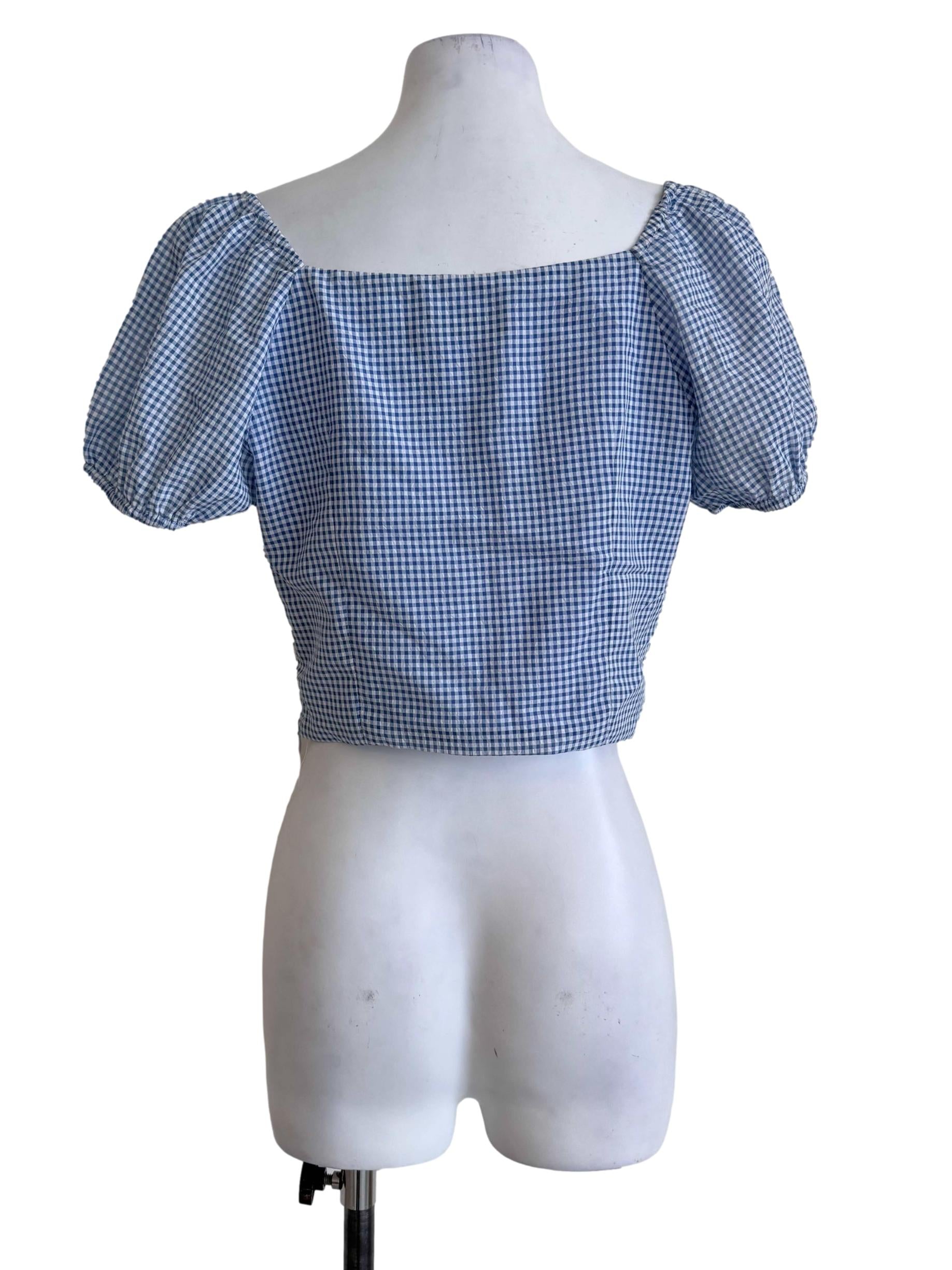 Blue Gingham Puff-Sleeve Crop Top