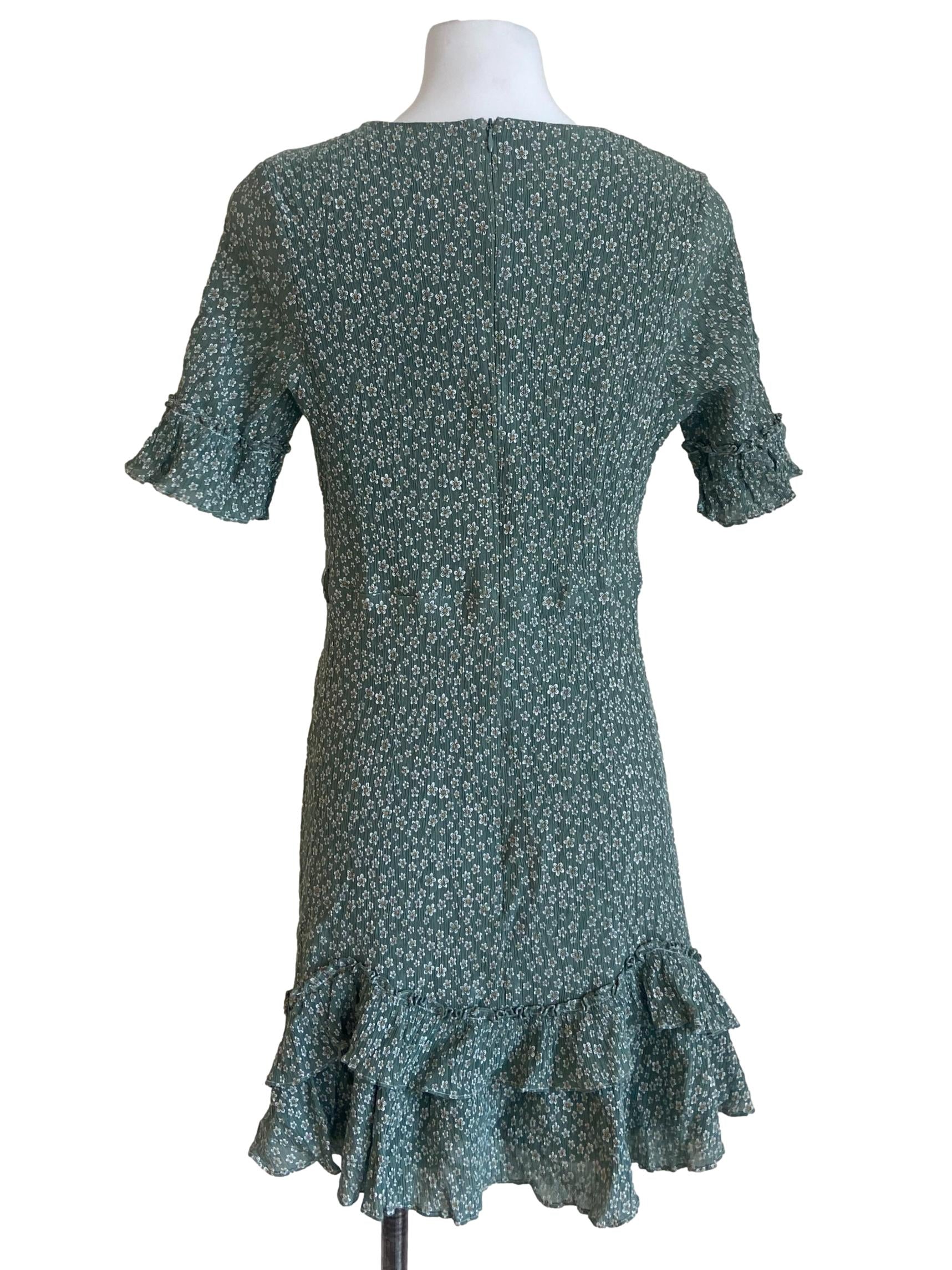 Green Floral V Neck Ruffled Dress