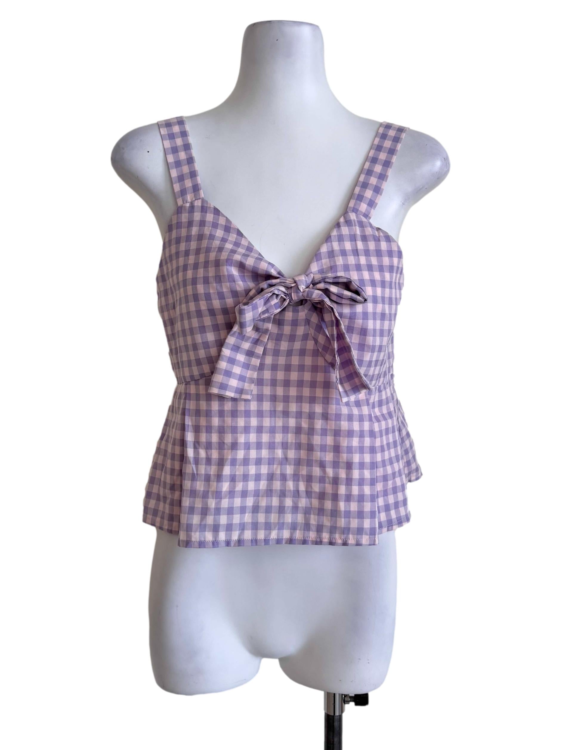Lilac Gingham Tie-Front Peplum Top