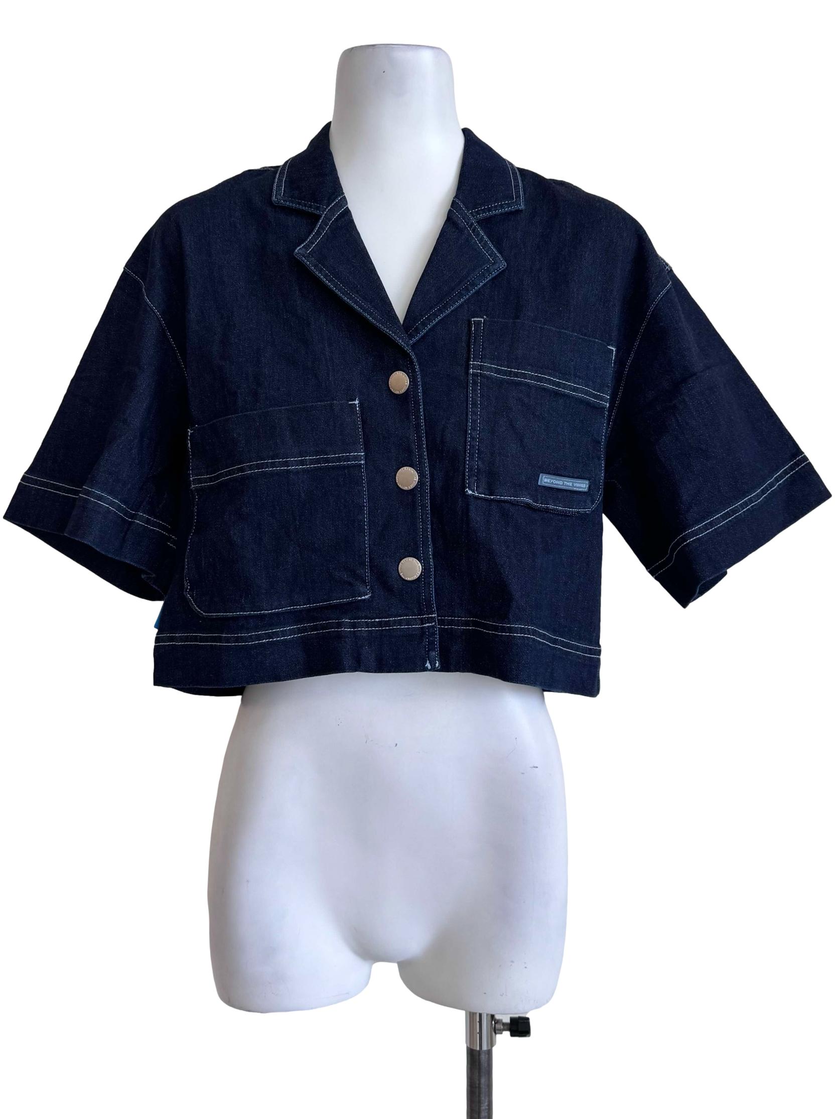 Dark Blue Denim Cropped Button Shirt