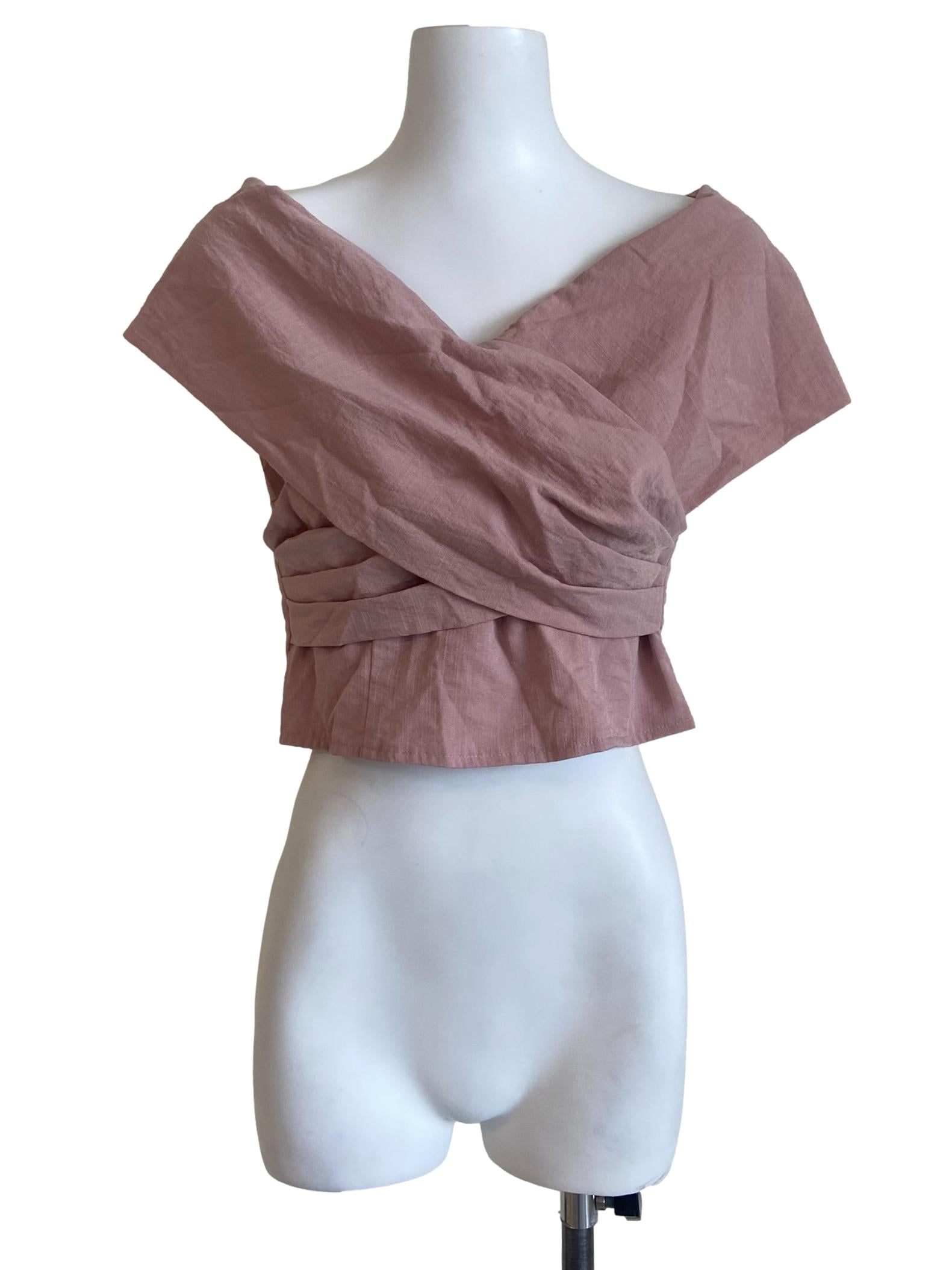 Salmon Pink Drop Shoulder Crop Blouse