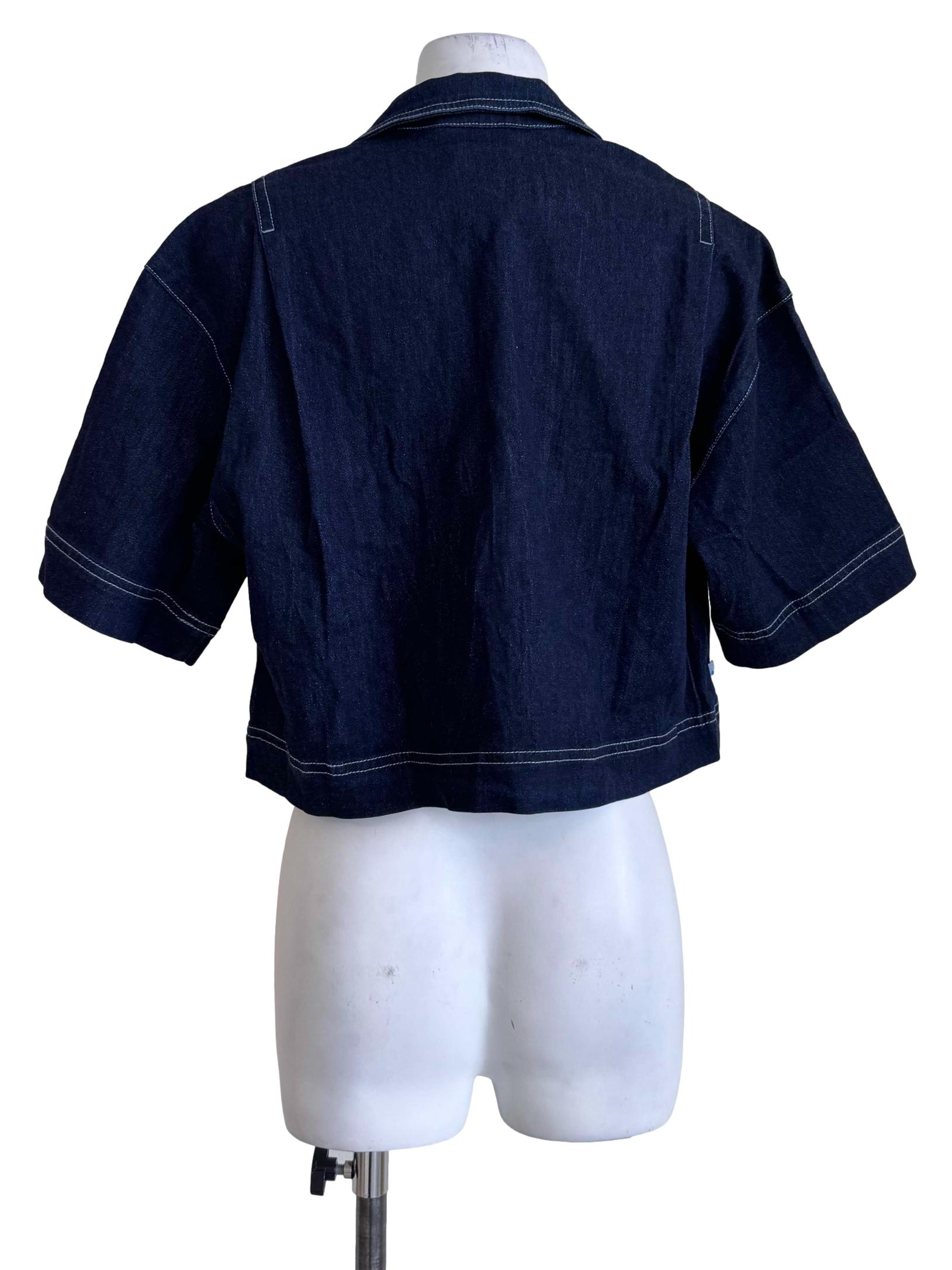 Dark Blue Denim Cropped Button Shirt