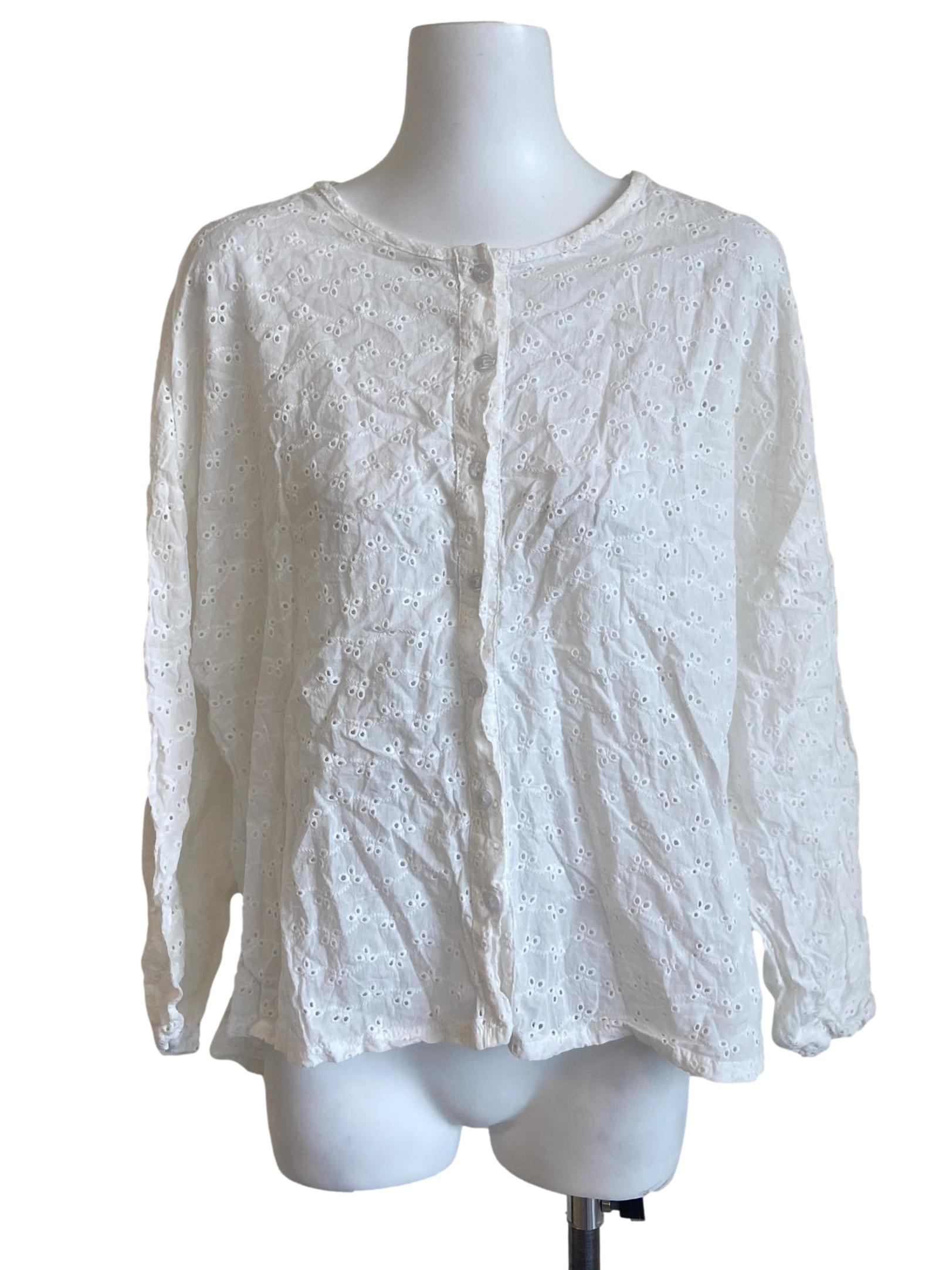 White Floral Button Down Embroidery Blouse