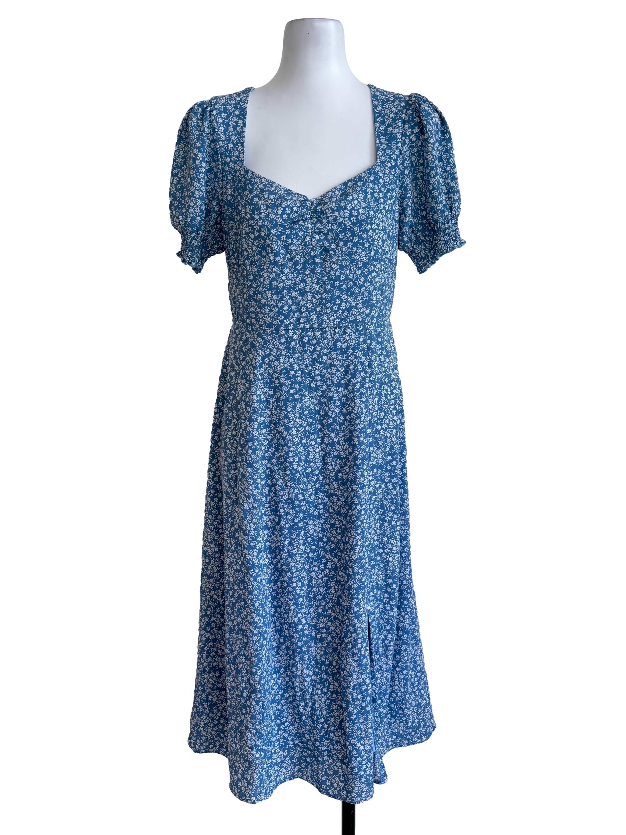 Blue Floral Puff-Sleeve Midi Dress