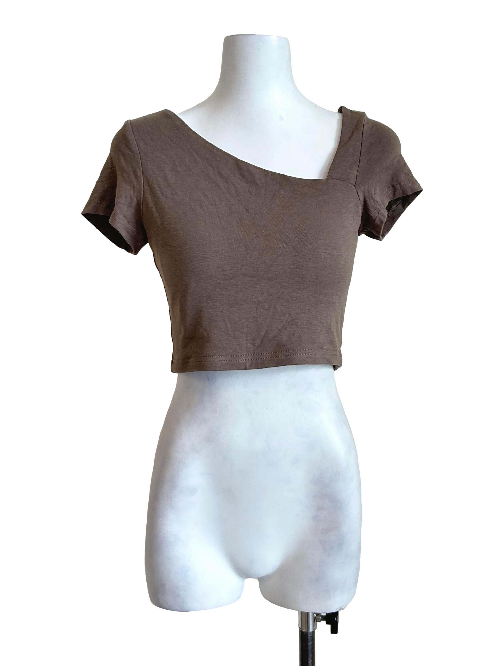 Wood Brown Asymmetric Neck Crop Top