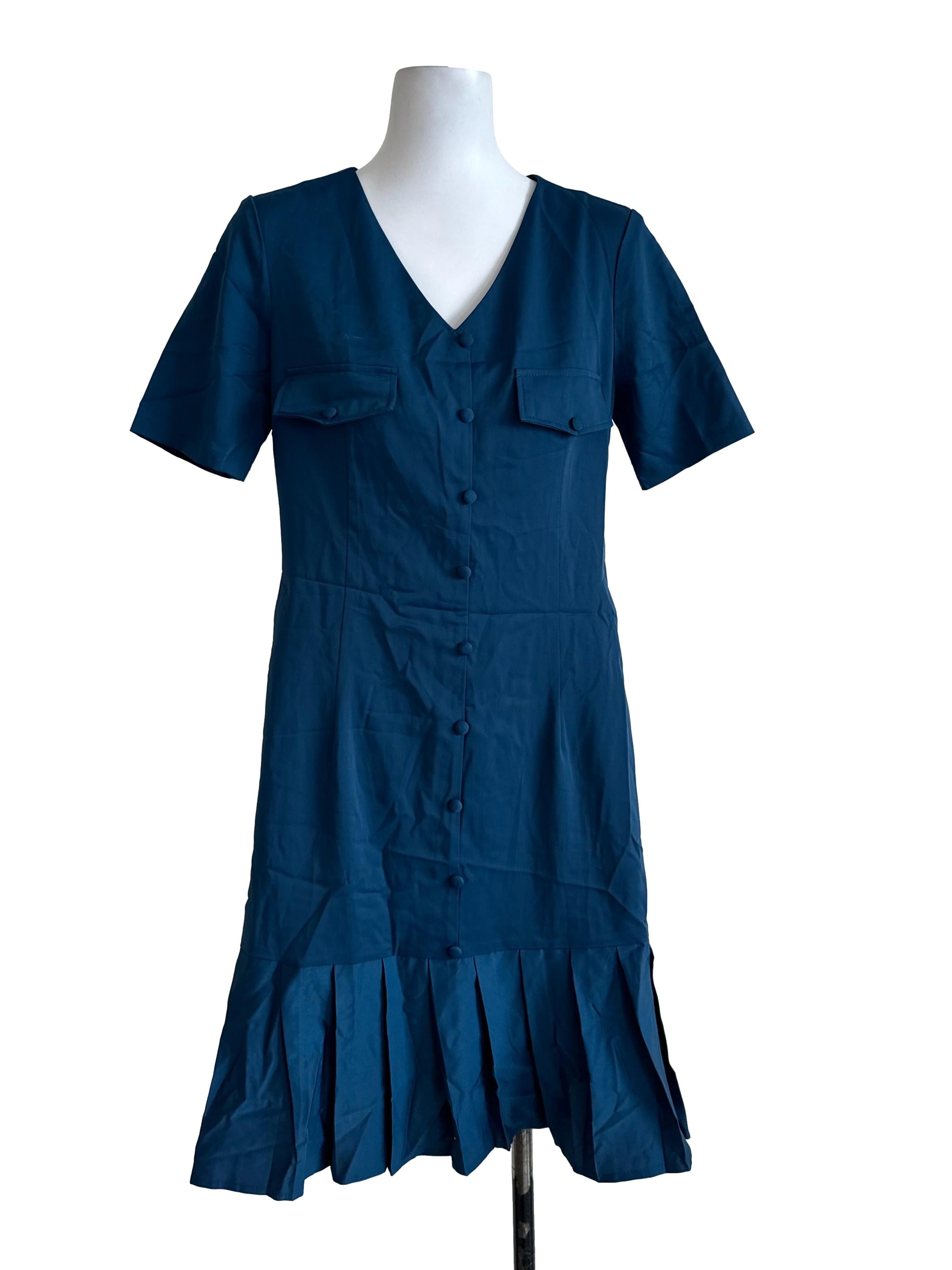 Teal Blue Plain Button Dress