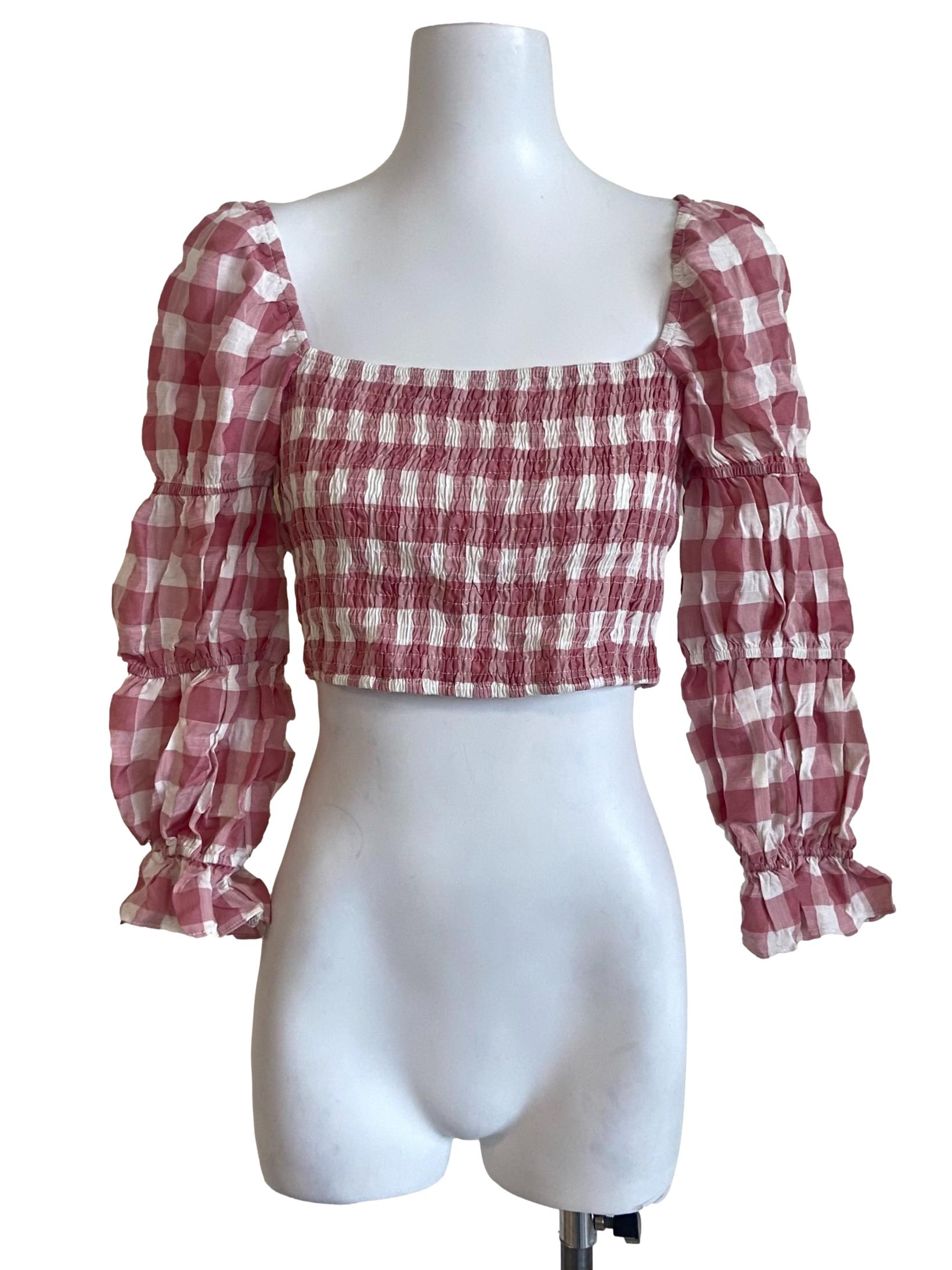 Pink White Plaid Puff Sleeve Crop Top