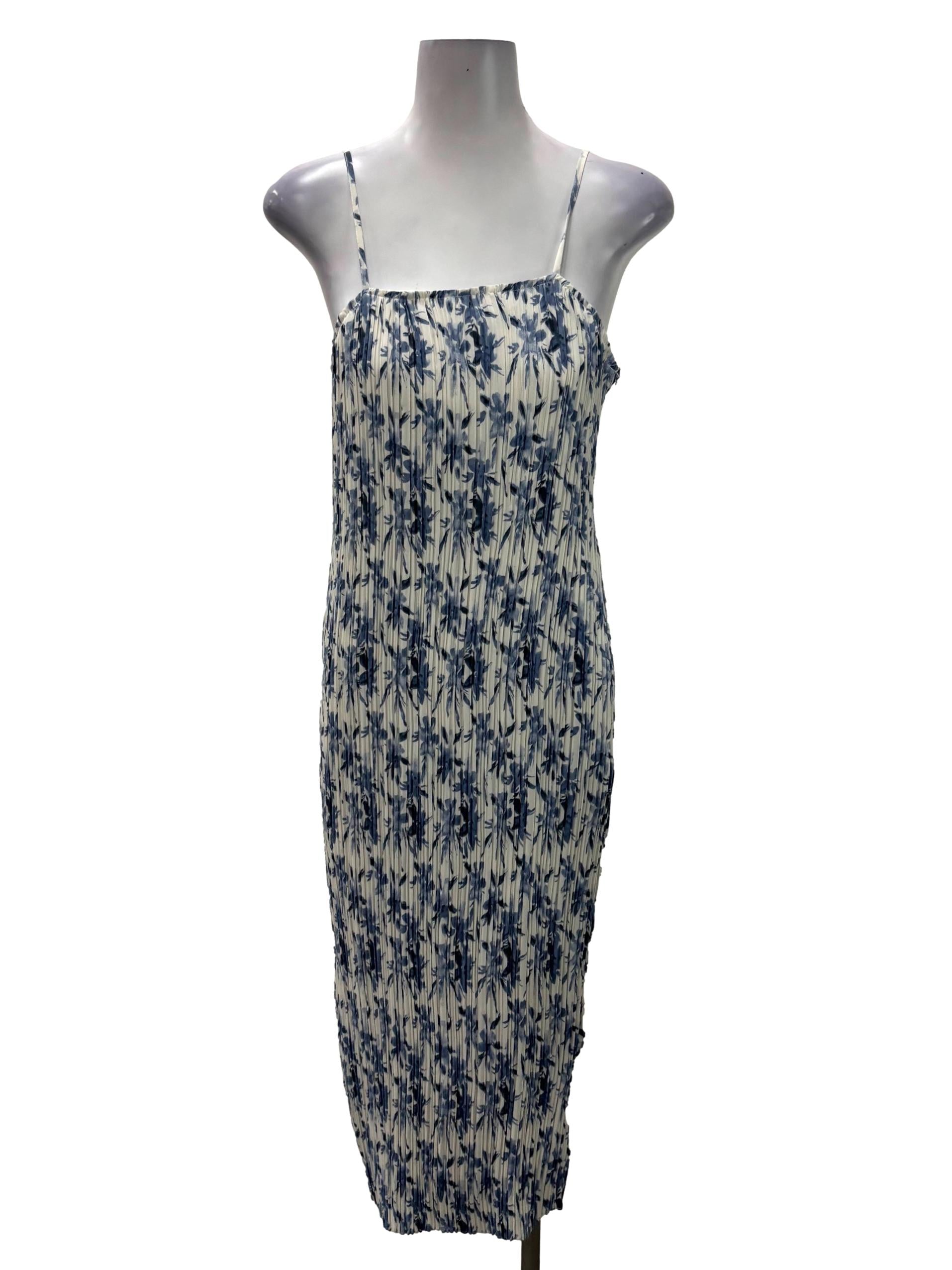 White Pleated Across Neck Cami Dress With Blue Flowers