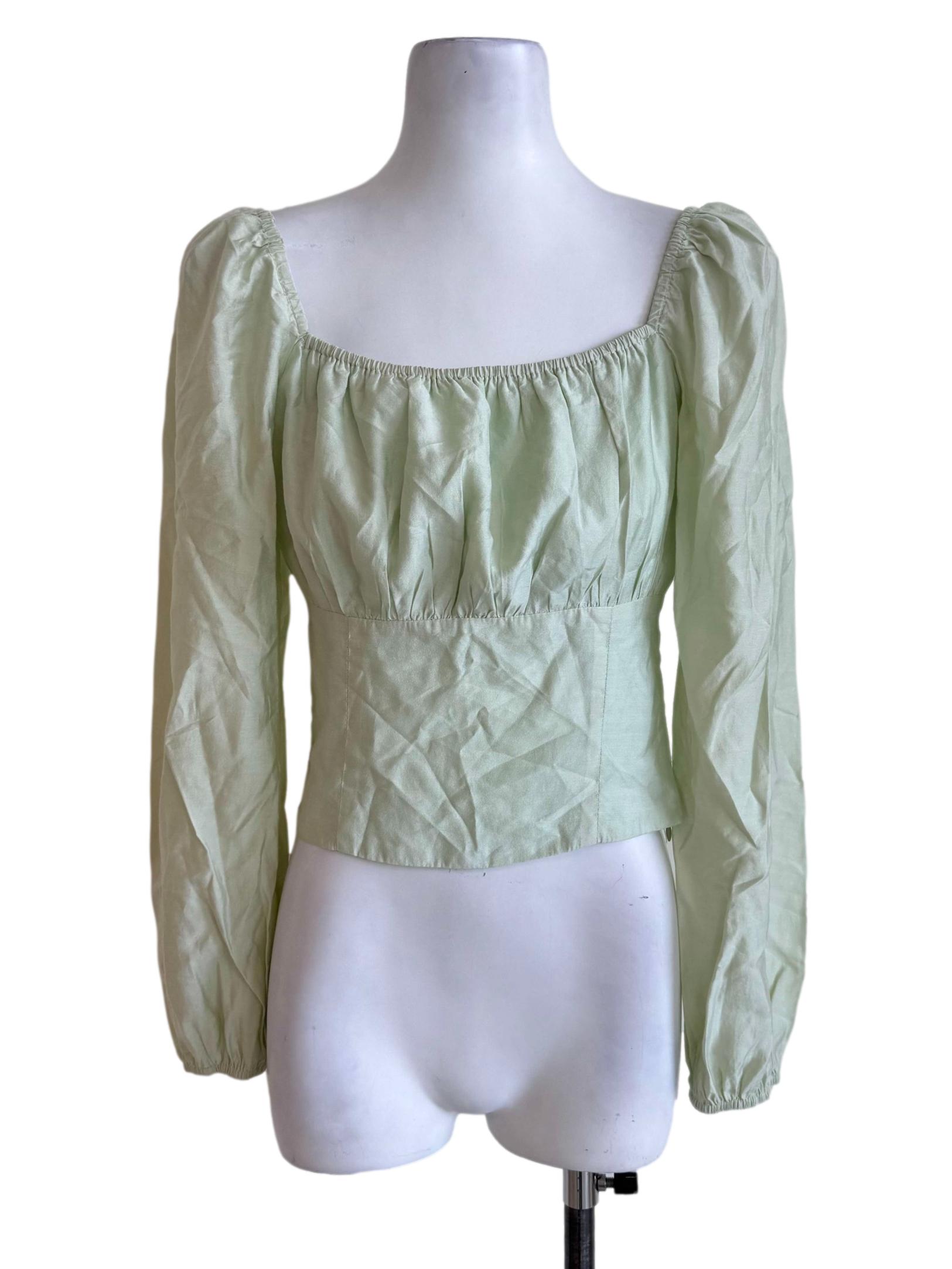 Mint Green Square Neck Long Sleeve Blouse