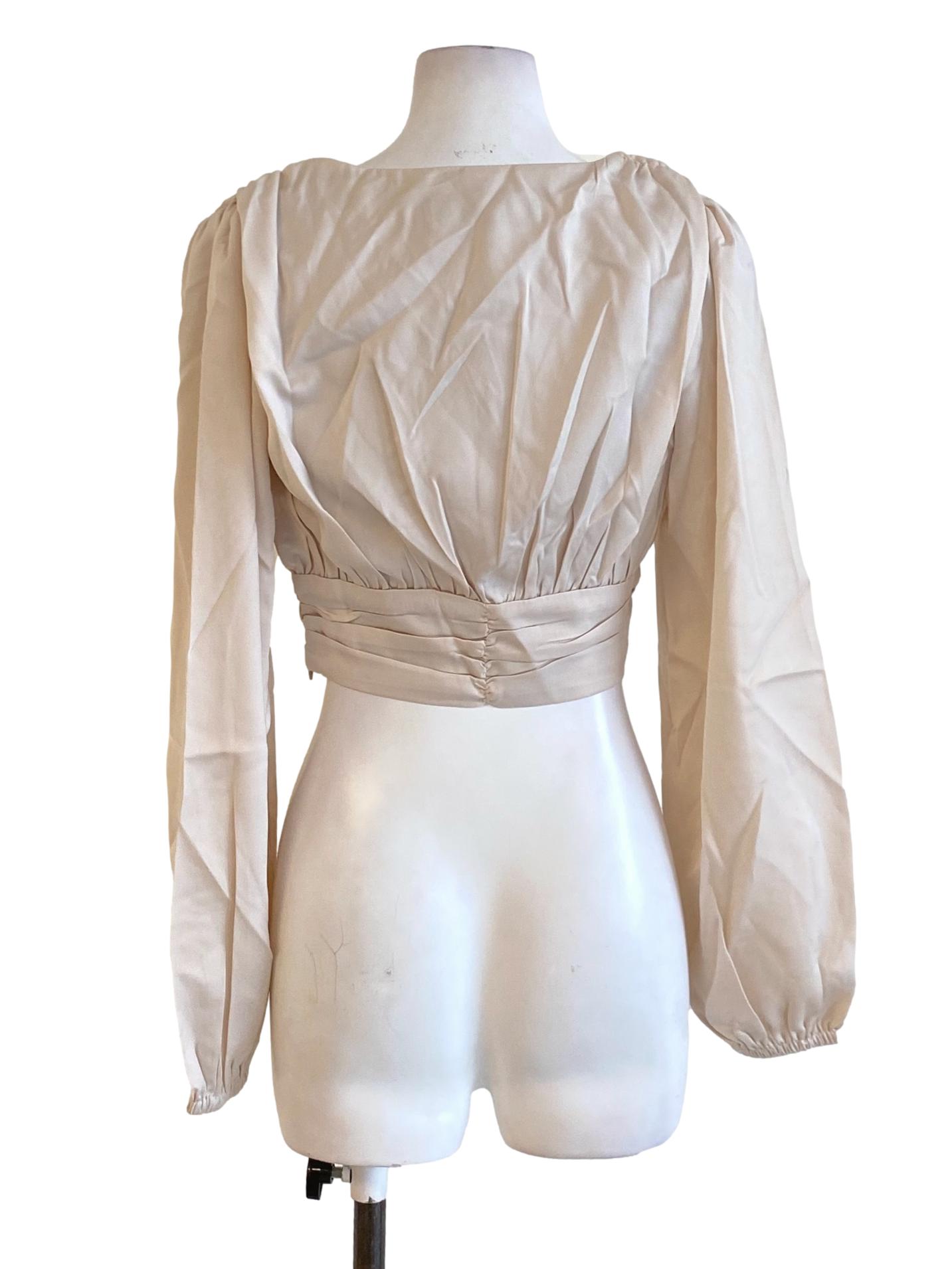 Beige Brown V-Neck Long Sleeve Waisted Cropped Blouse