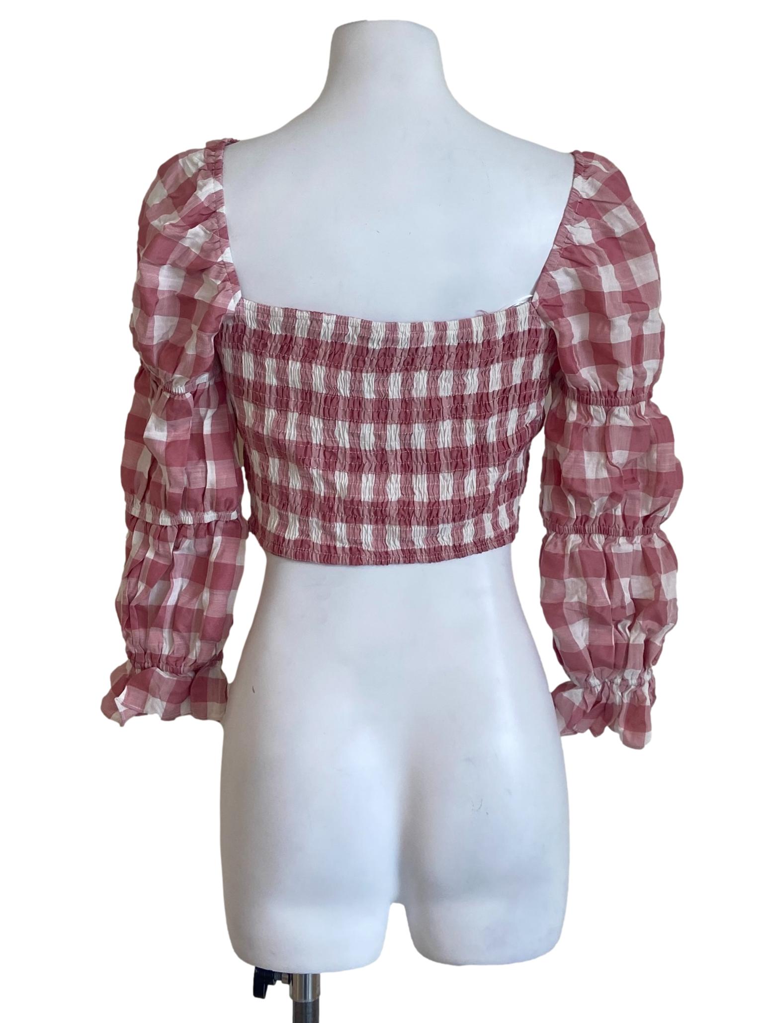 Pink White Plaid Puff Sleeve Crop Top