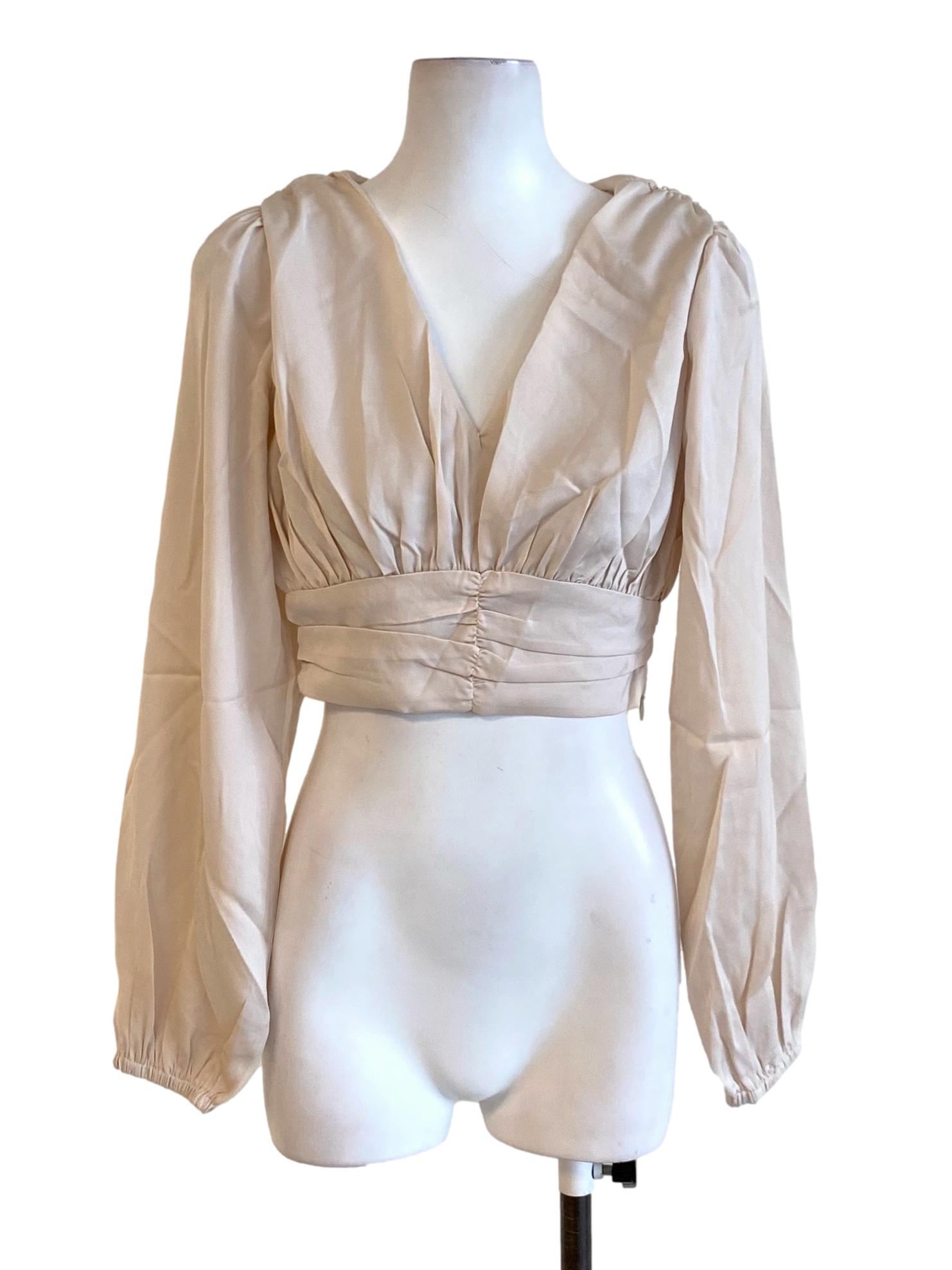 Beige Brown V-Neck Long Sleeve Waisted Cropped Blouse