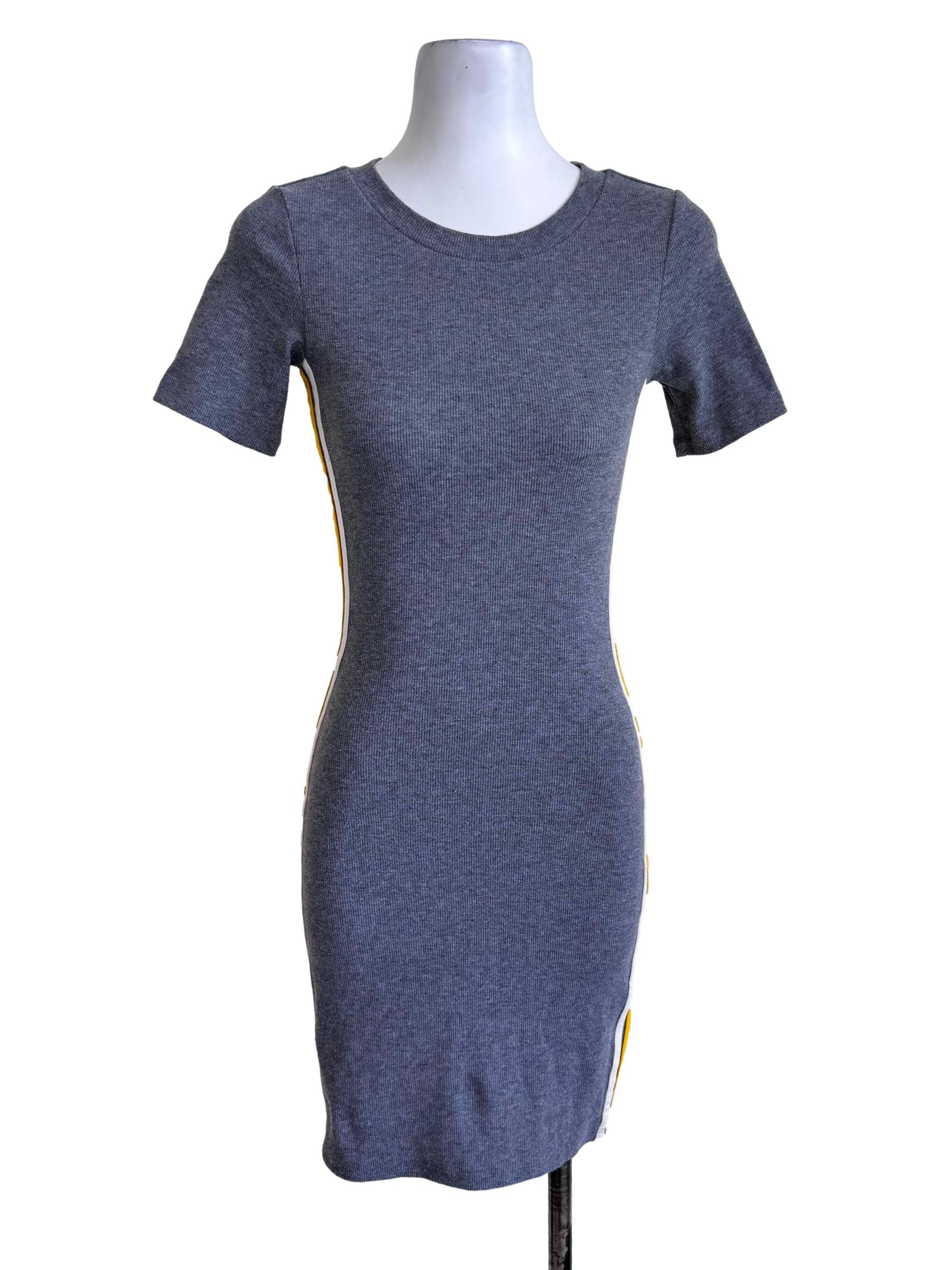Grey Ribbed Short-Sleeve Bodycon Dress