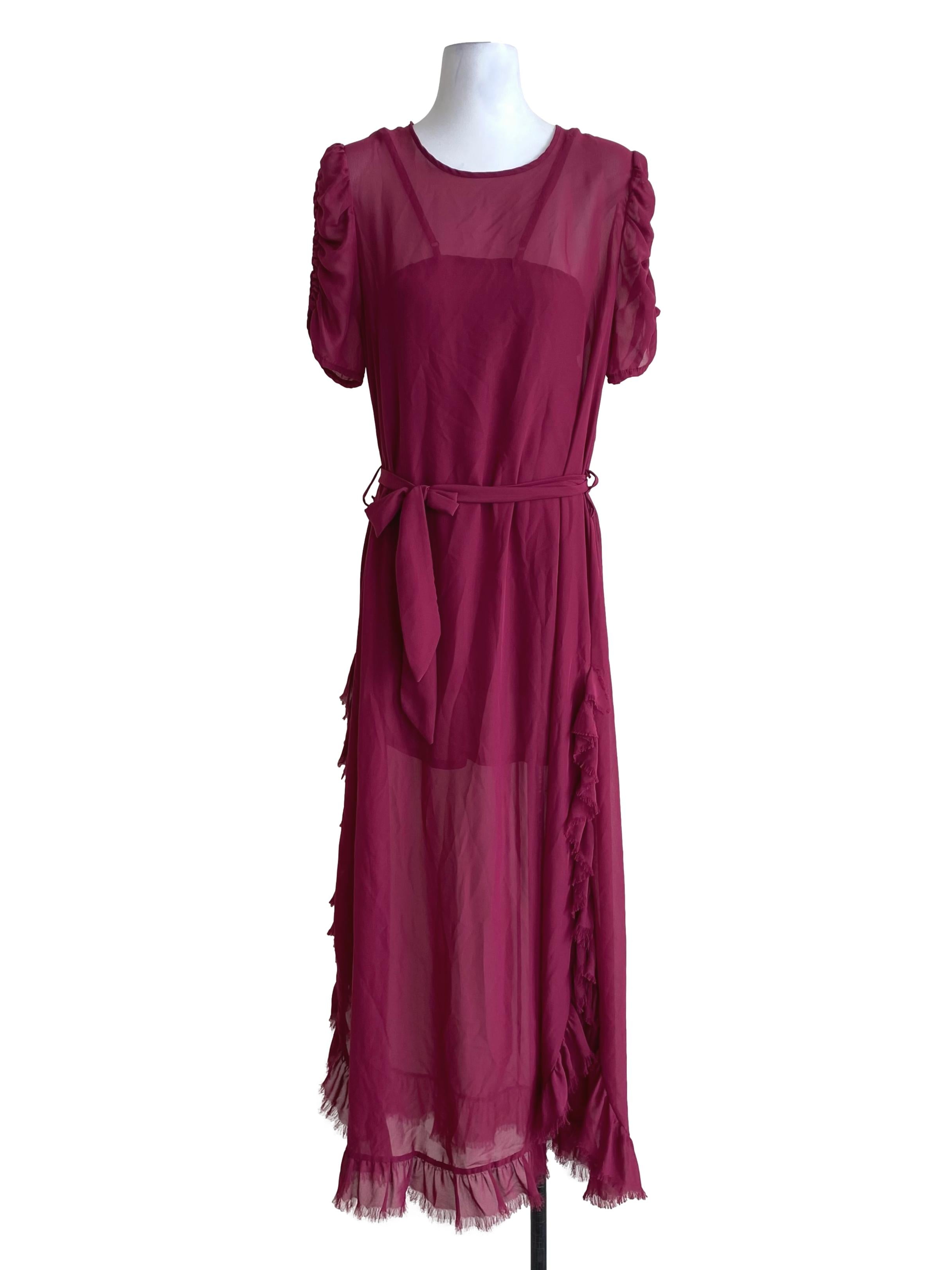 Magenta Pink Side Slit Ruffle Dress