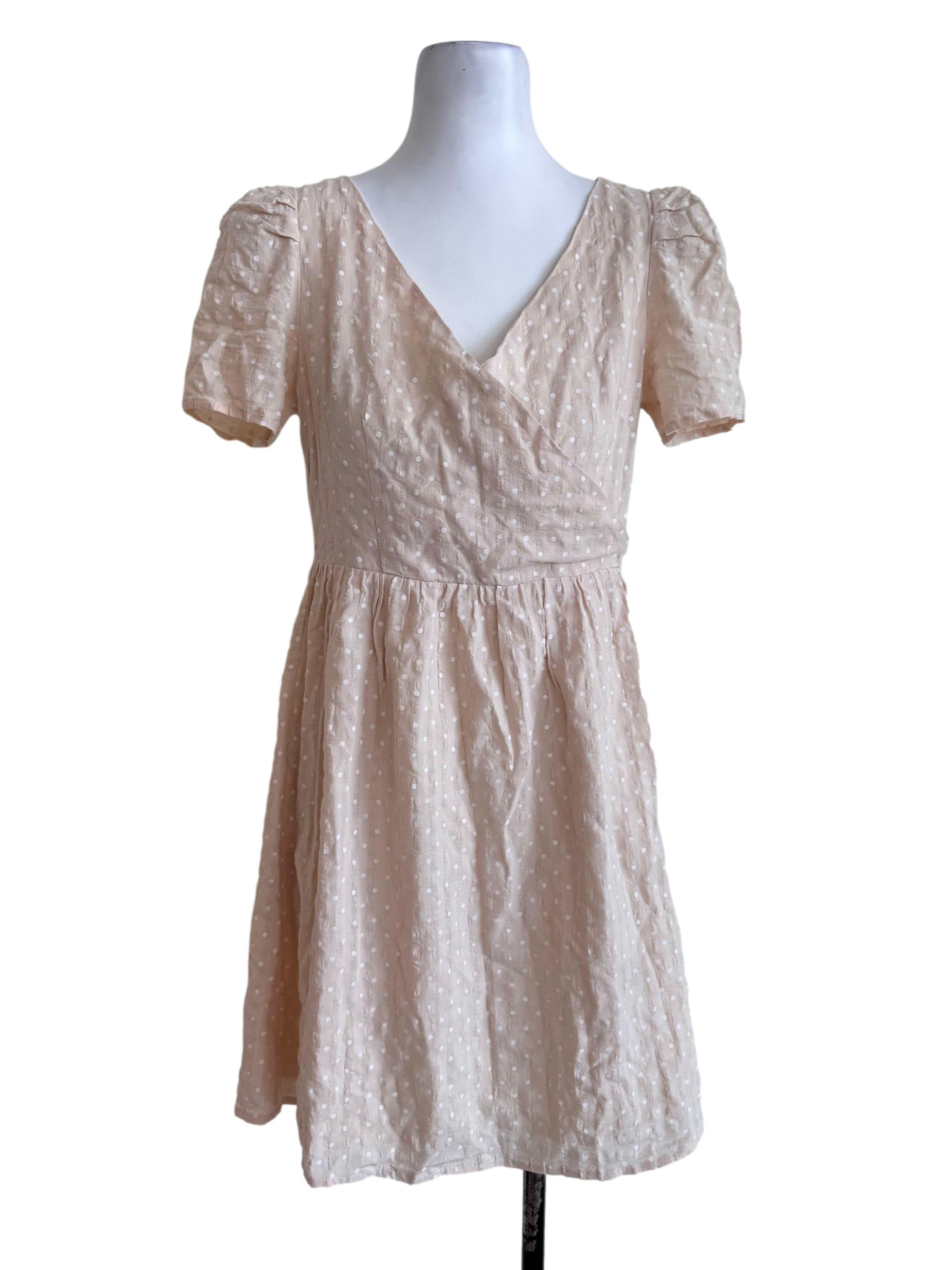 Cream Beige Swiss Dot Wrap Midi Dress