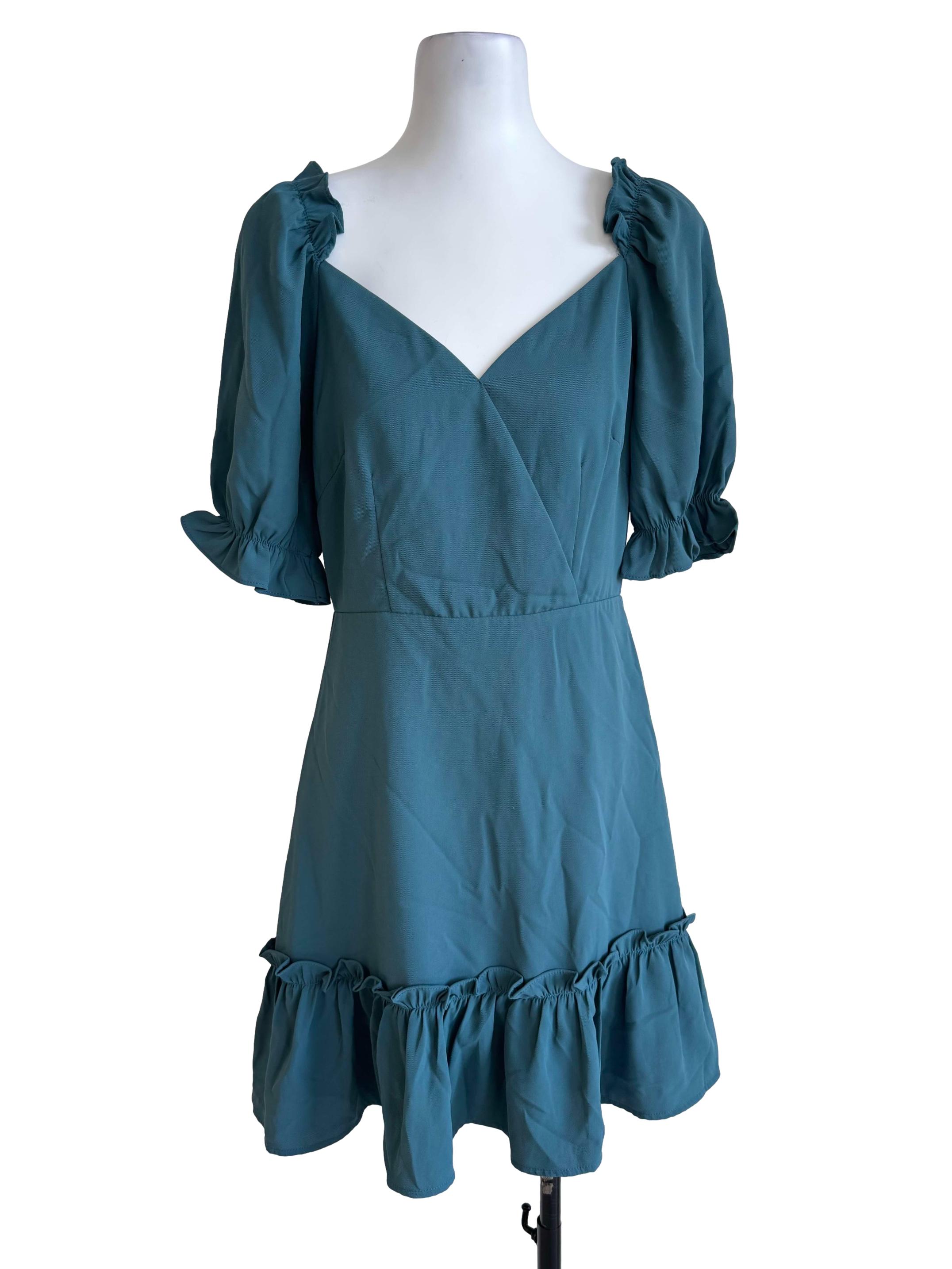 Teal Blue Puff-Sleeve Ruffle Hem Dress