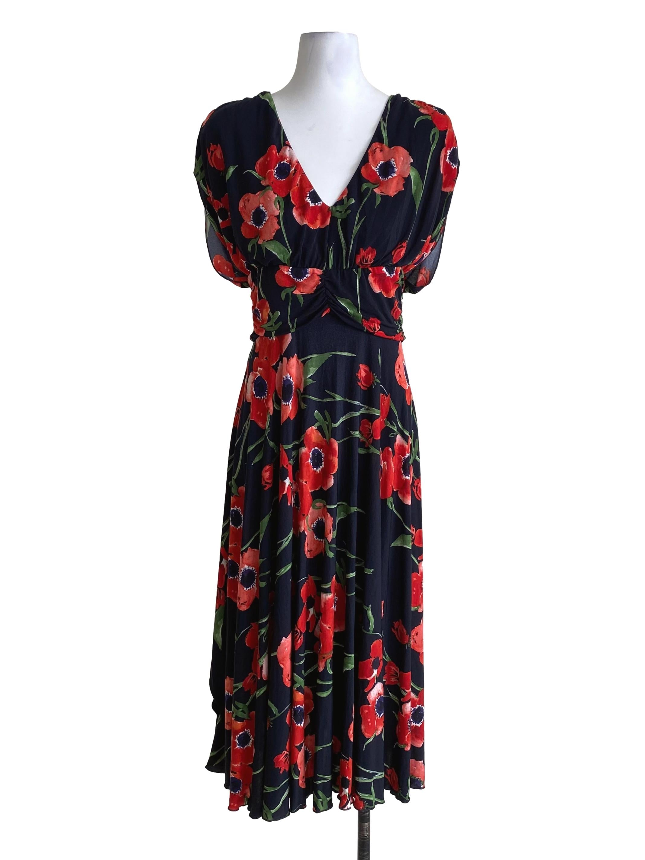 Deep Night Blue Multicolor Floral Pattern Dress