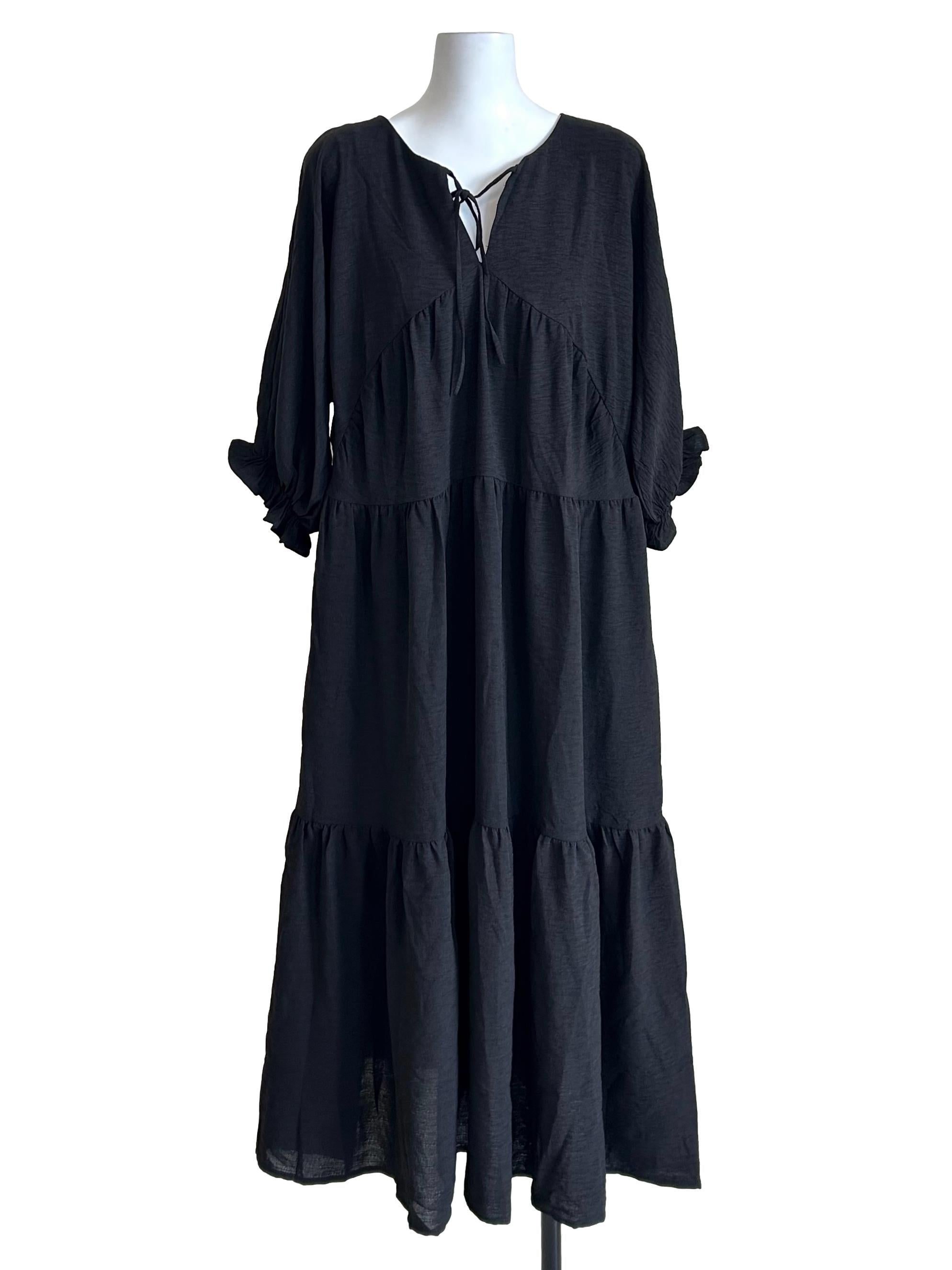 Black Tie Neck Tiered Dress