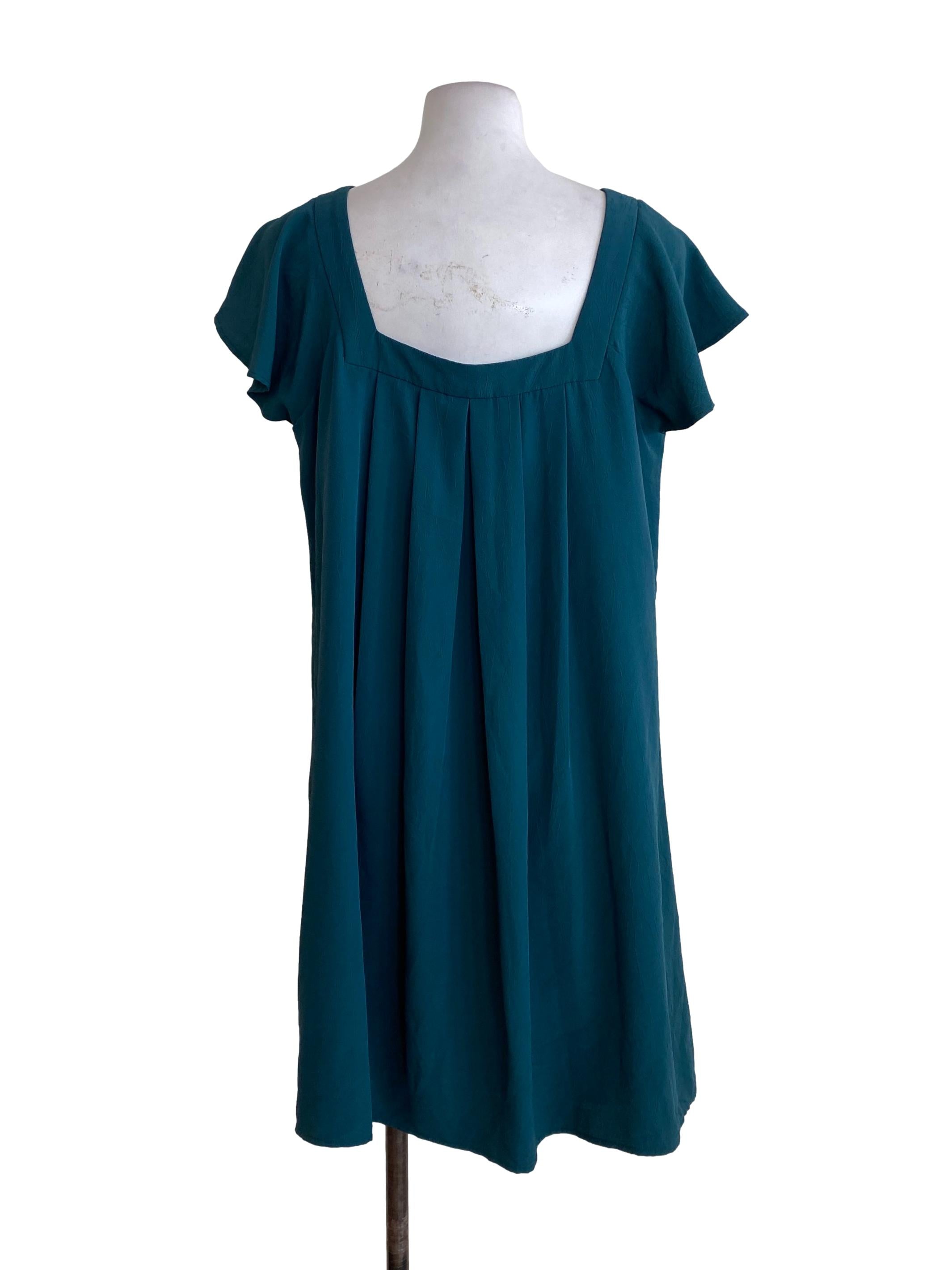 Green Textured Square Neck Dress