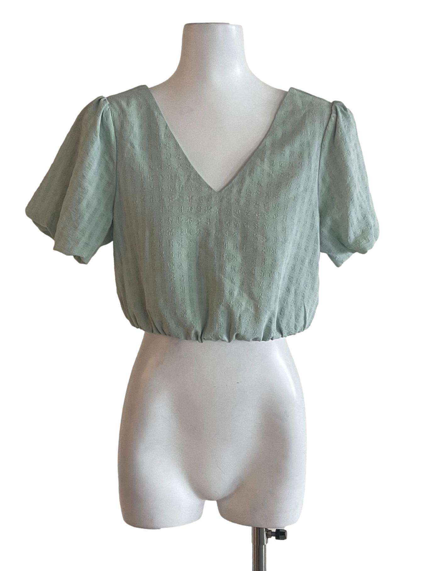 Light Teal V Neck Puffed Sleeve Crop Top
