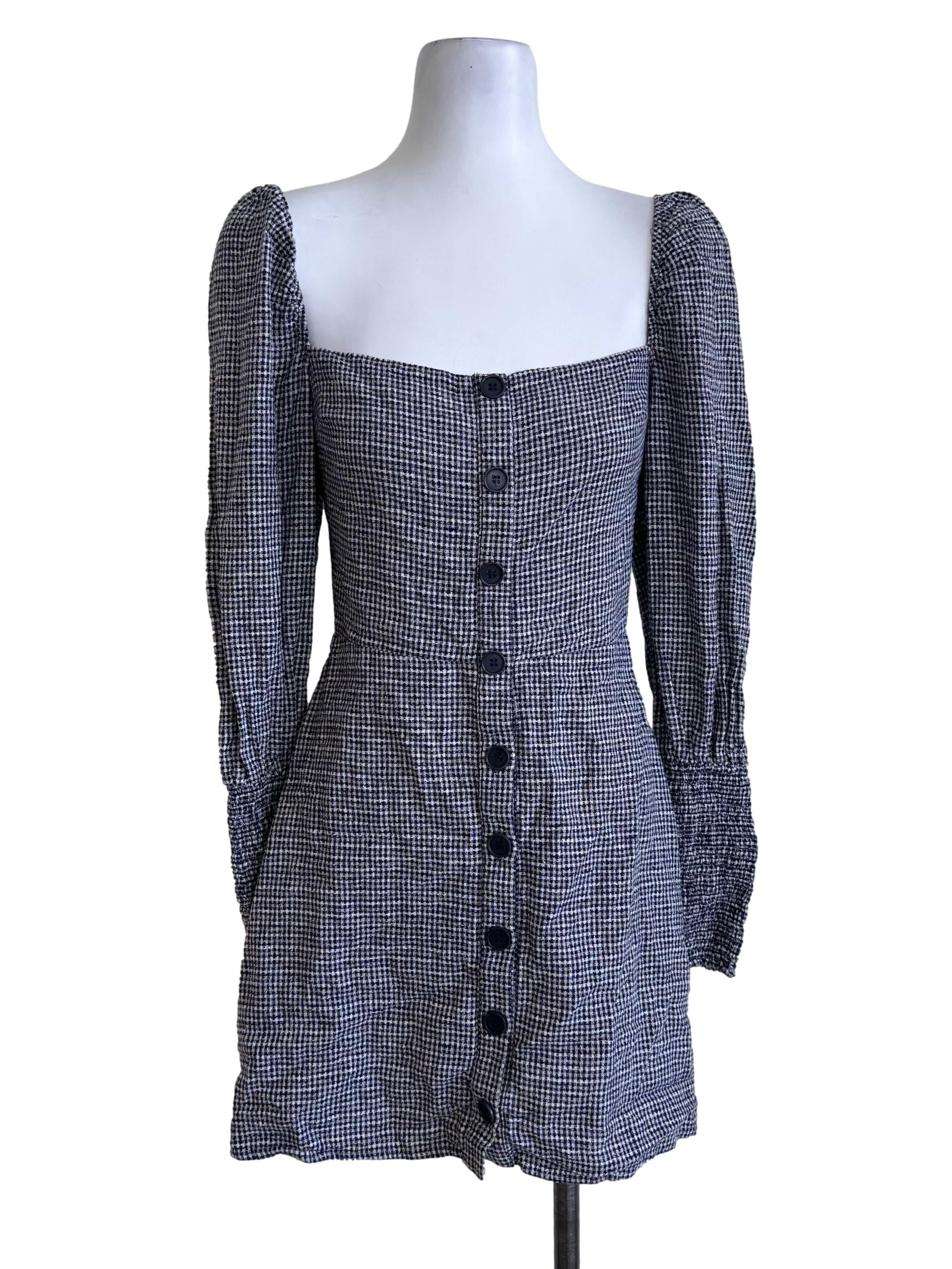 Grey Gingham Square-Neck Button Mini Dress