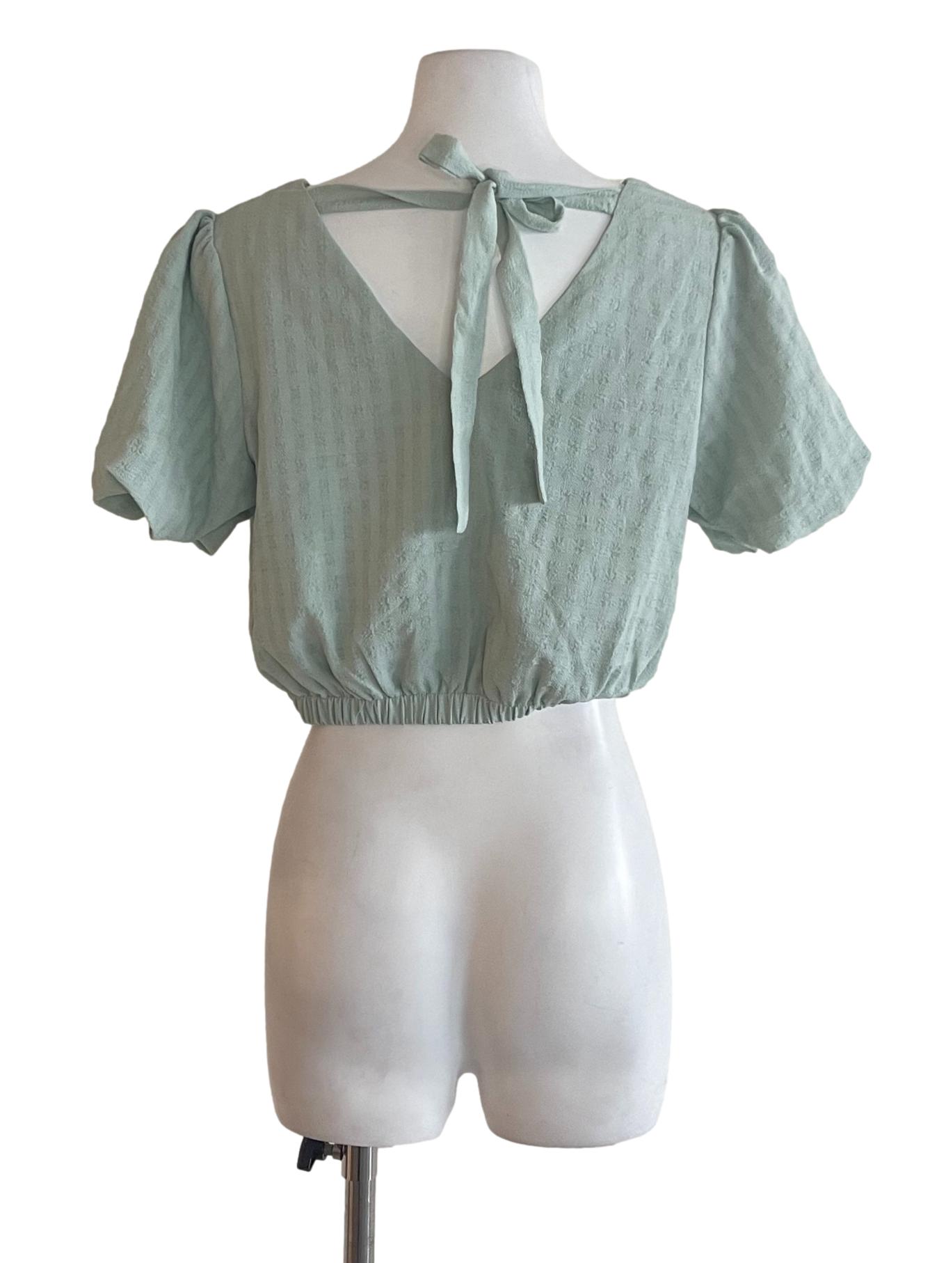 Light Teal V Neck Puffed Sleeve Crop Top