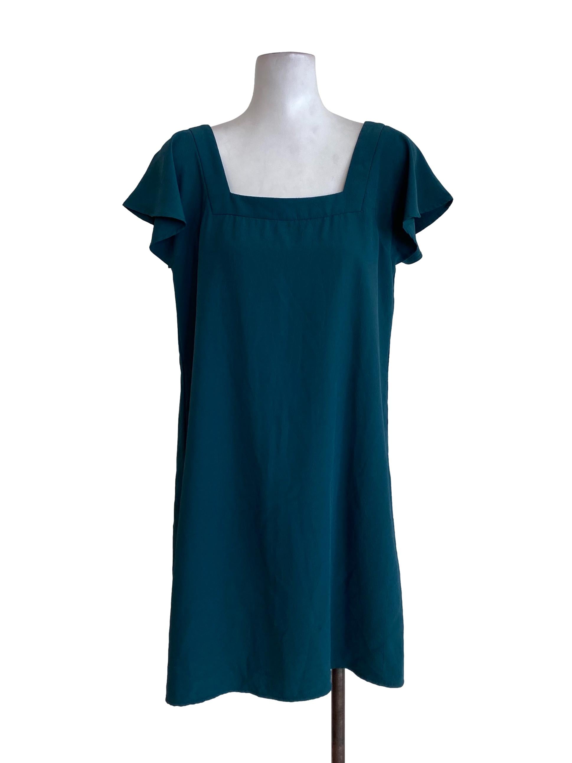 Green Textured Square Neck Dress