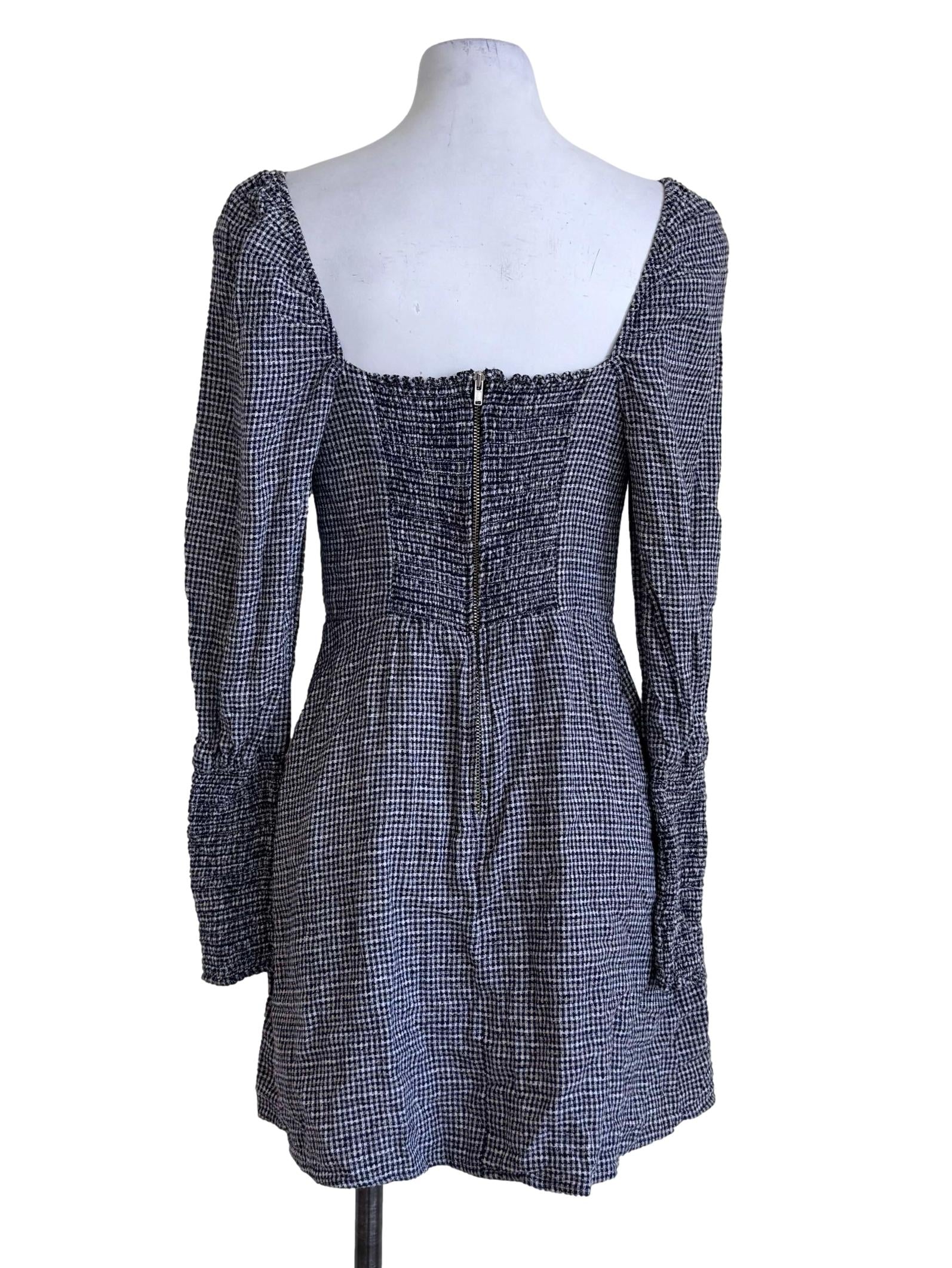Grey Gingham Square-Neck Button Mini Dress