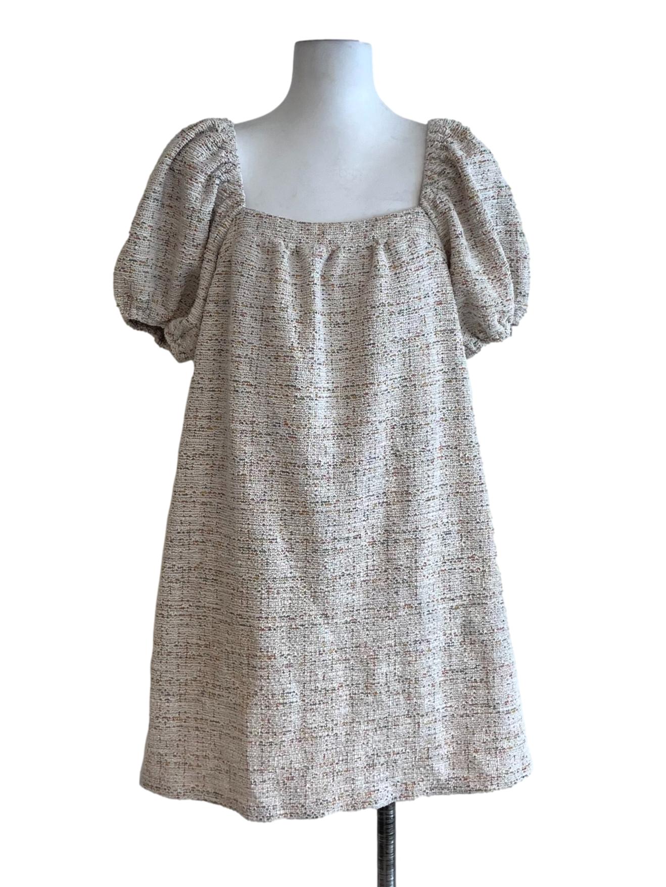 Cream Tweed Puff Sleeve Mini Dress