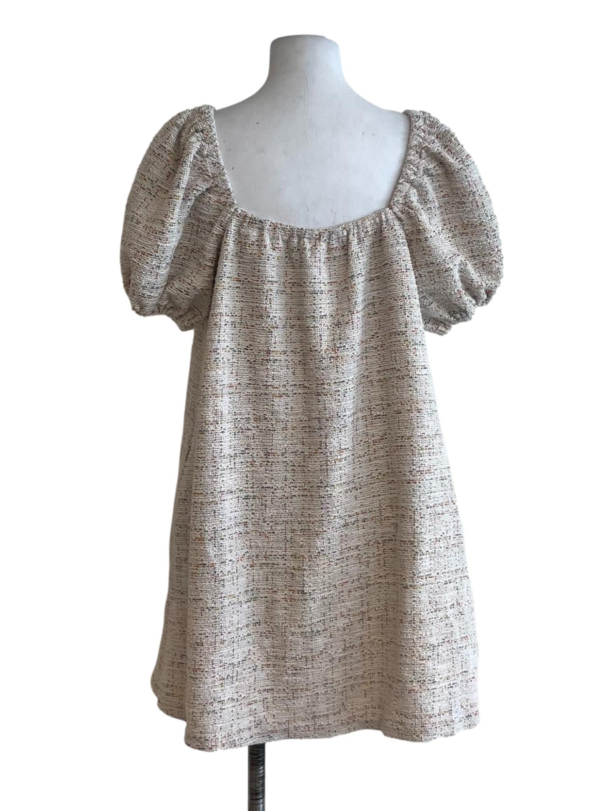 Cream Tweed Puff Sleeve Mini Dress