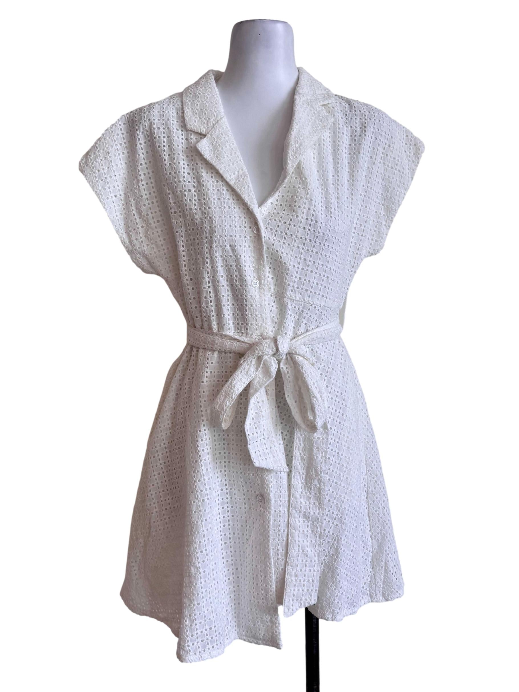 White Eyelet Tie-Waist Shirt Dress