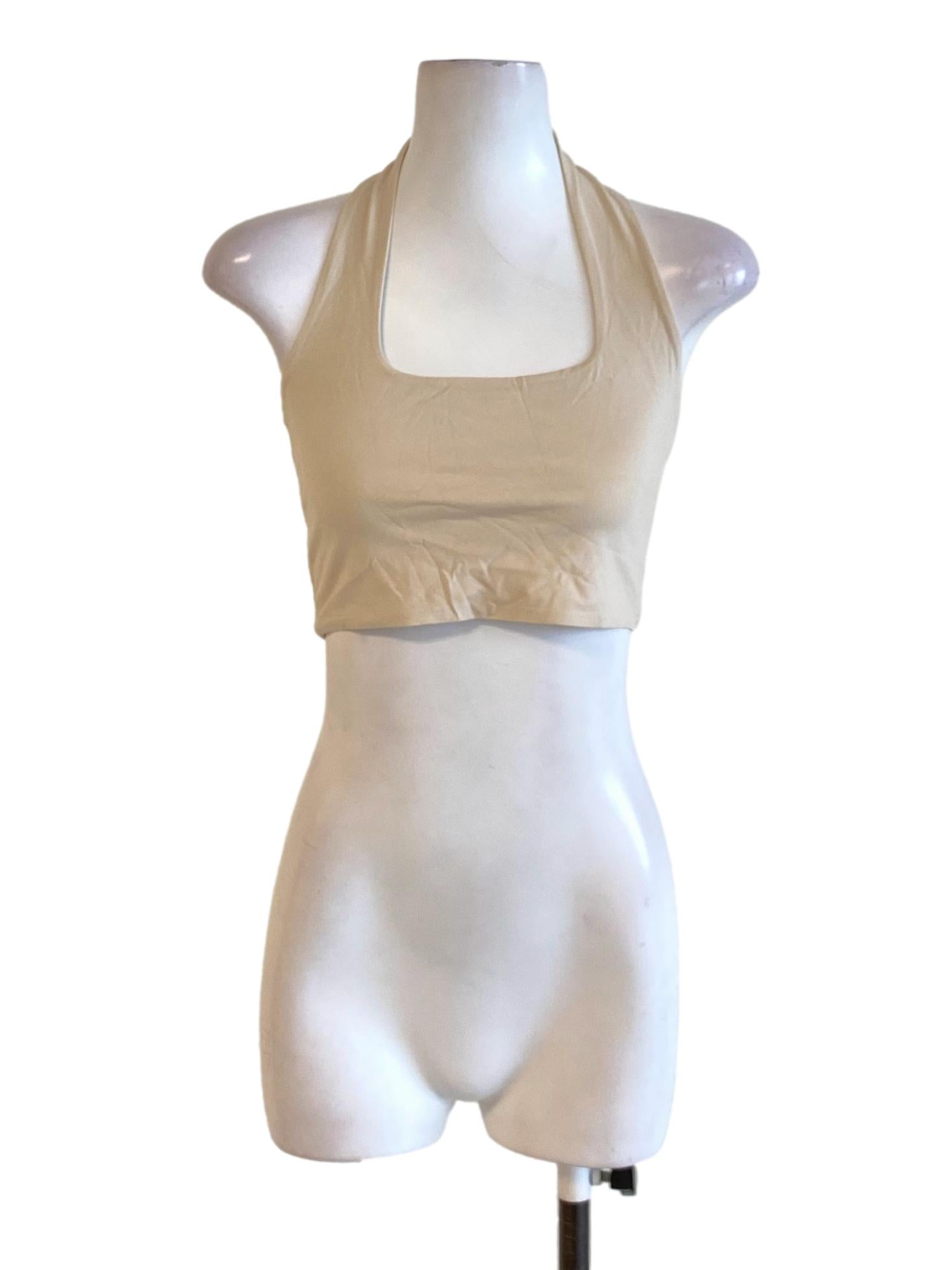 Beige Brown Square Neck Halter Cropped Top