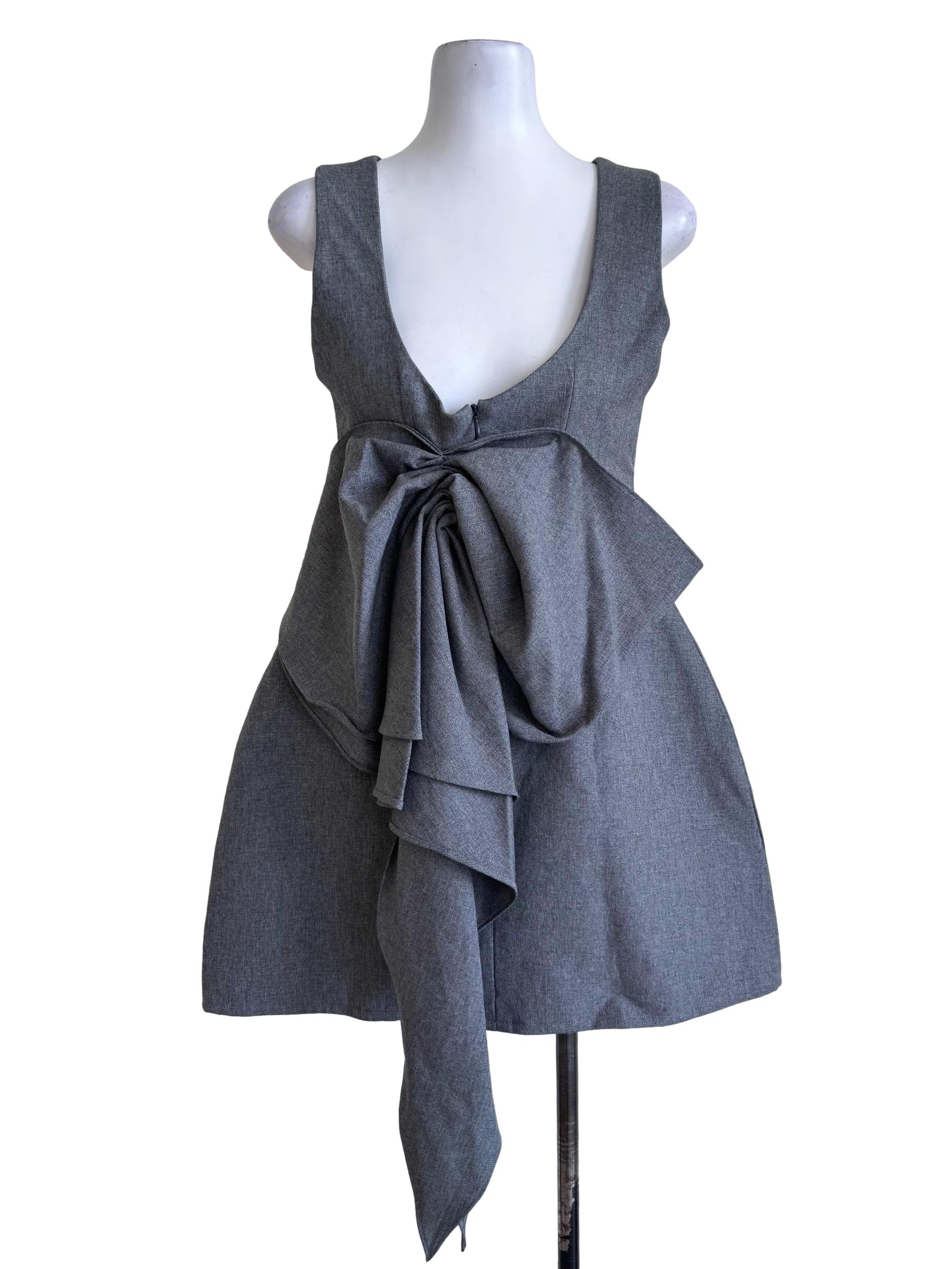 Grey Bow-Front Sleeveless Mini Dress