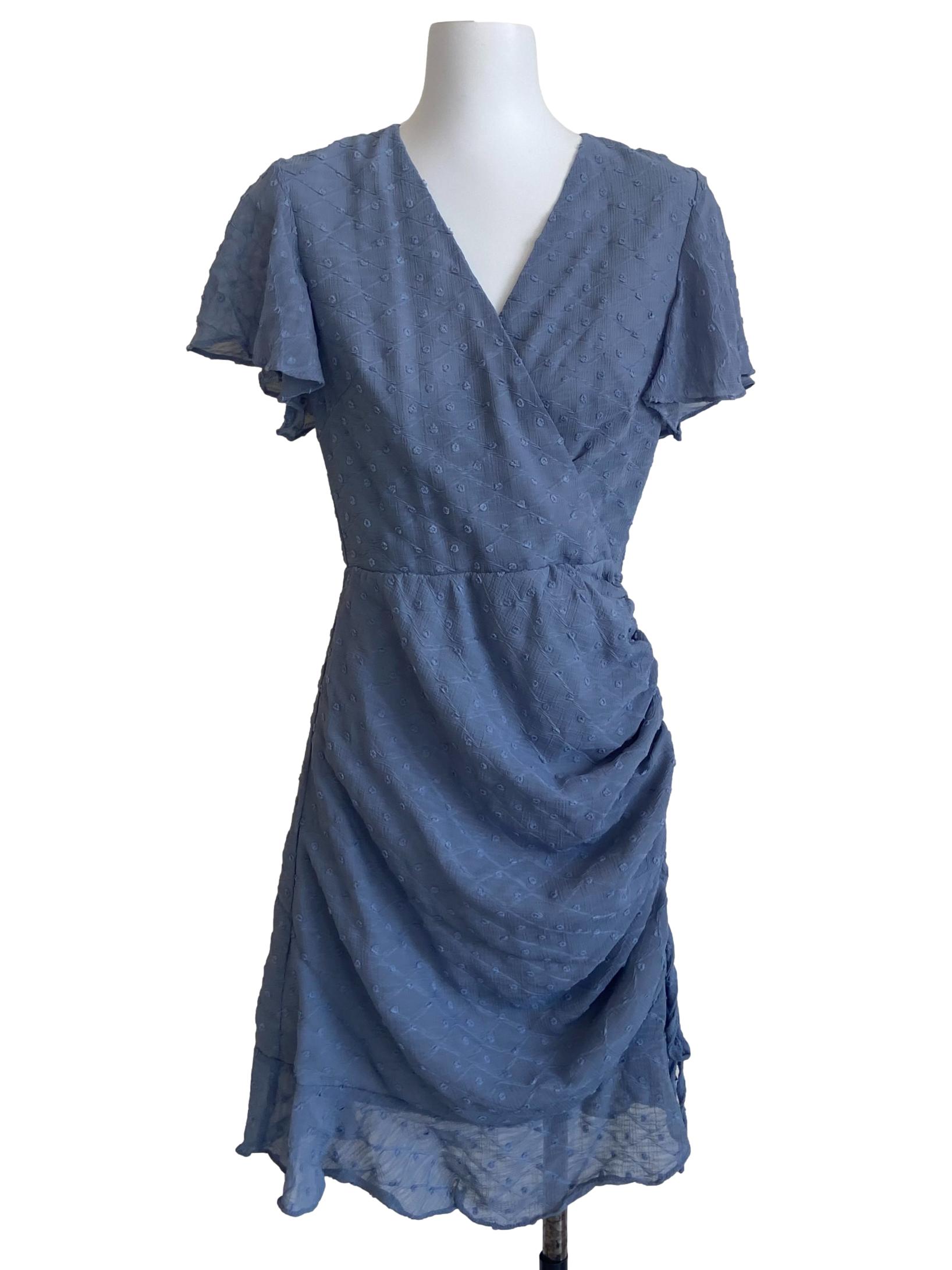 Blue V Neck Dotted Dress
