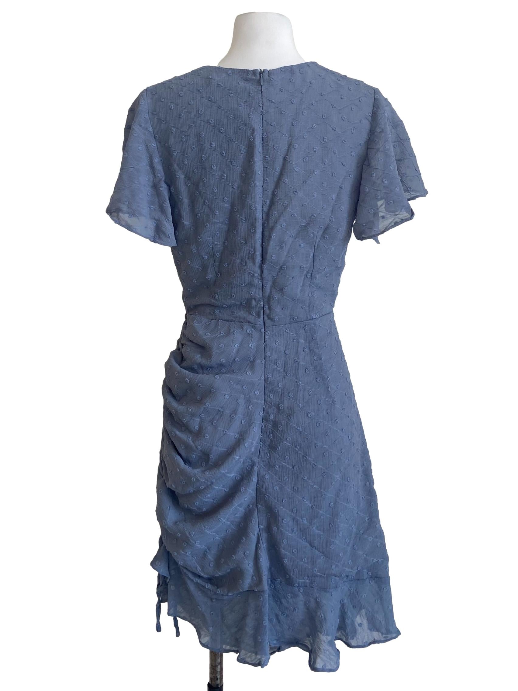 Blue V Neck Dotted Dress