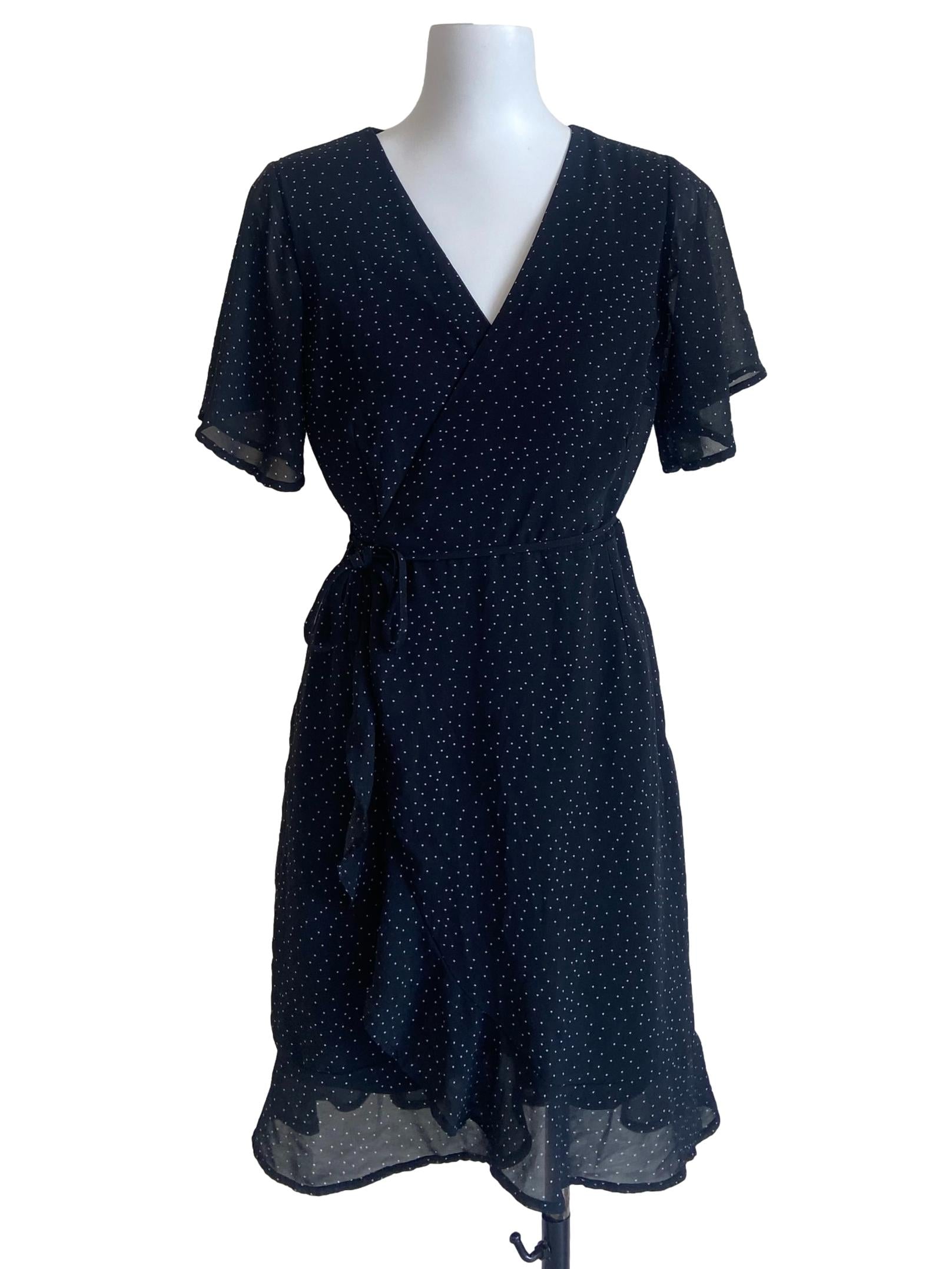 Black Polka Dot V Neck Wrap Dress